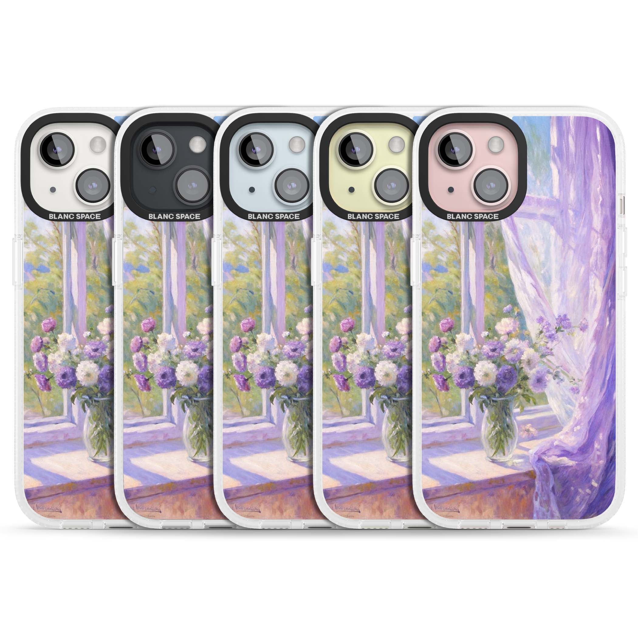 A Provence Morning impressionist art iPhone case featuring a vase of purple flowers, sunlit window and sheer curt | Clear Case Impact Air case for iPhone 15, iPhone 15 Plus