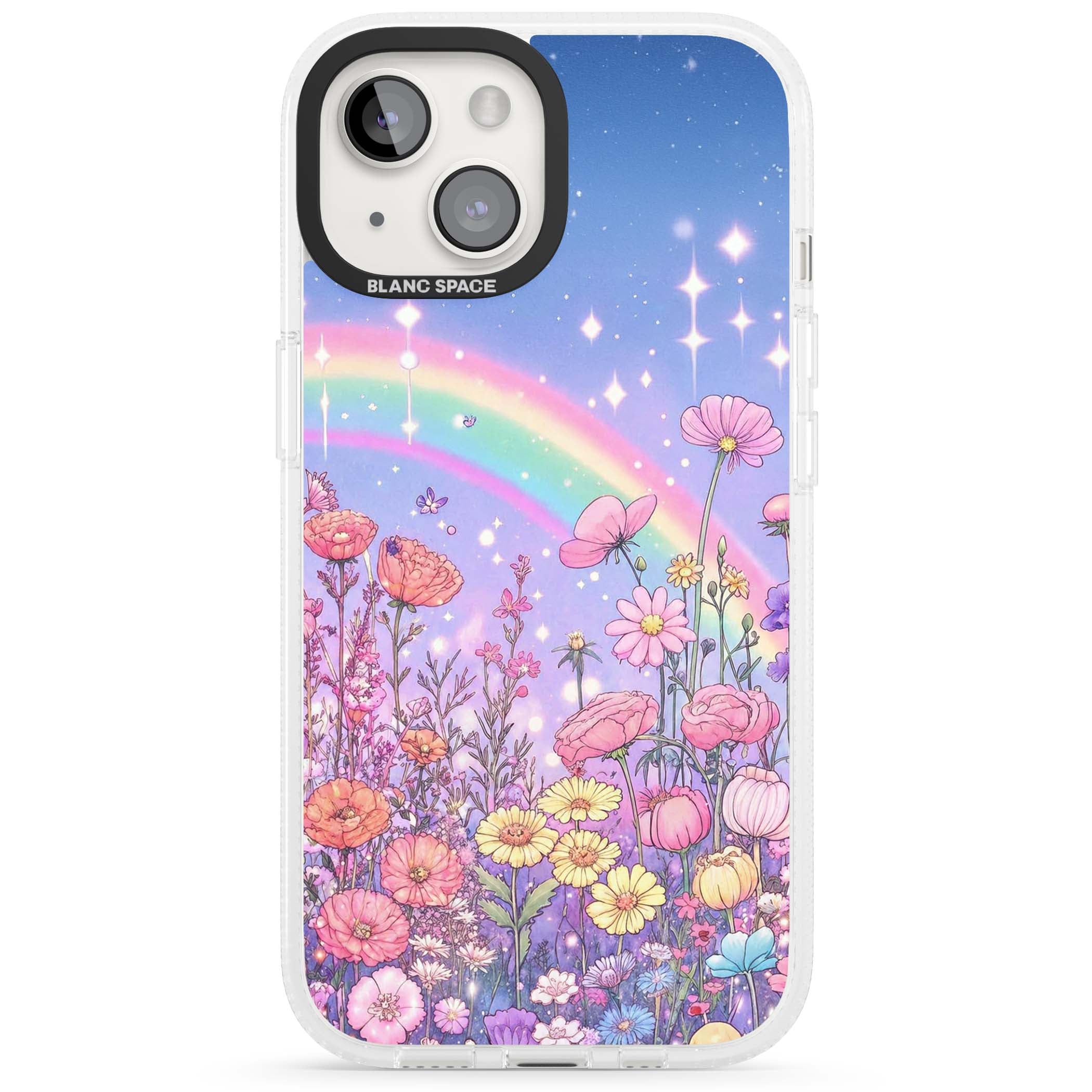 Magical Meadow fairycore iPhone case featuring a pastel rainbow, sparkling stars and a wildflower meadow | Clear Case Impact Air case for iPhone 15, iPhone 15 Plus