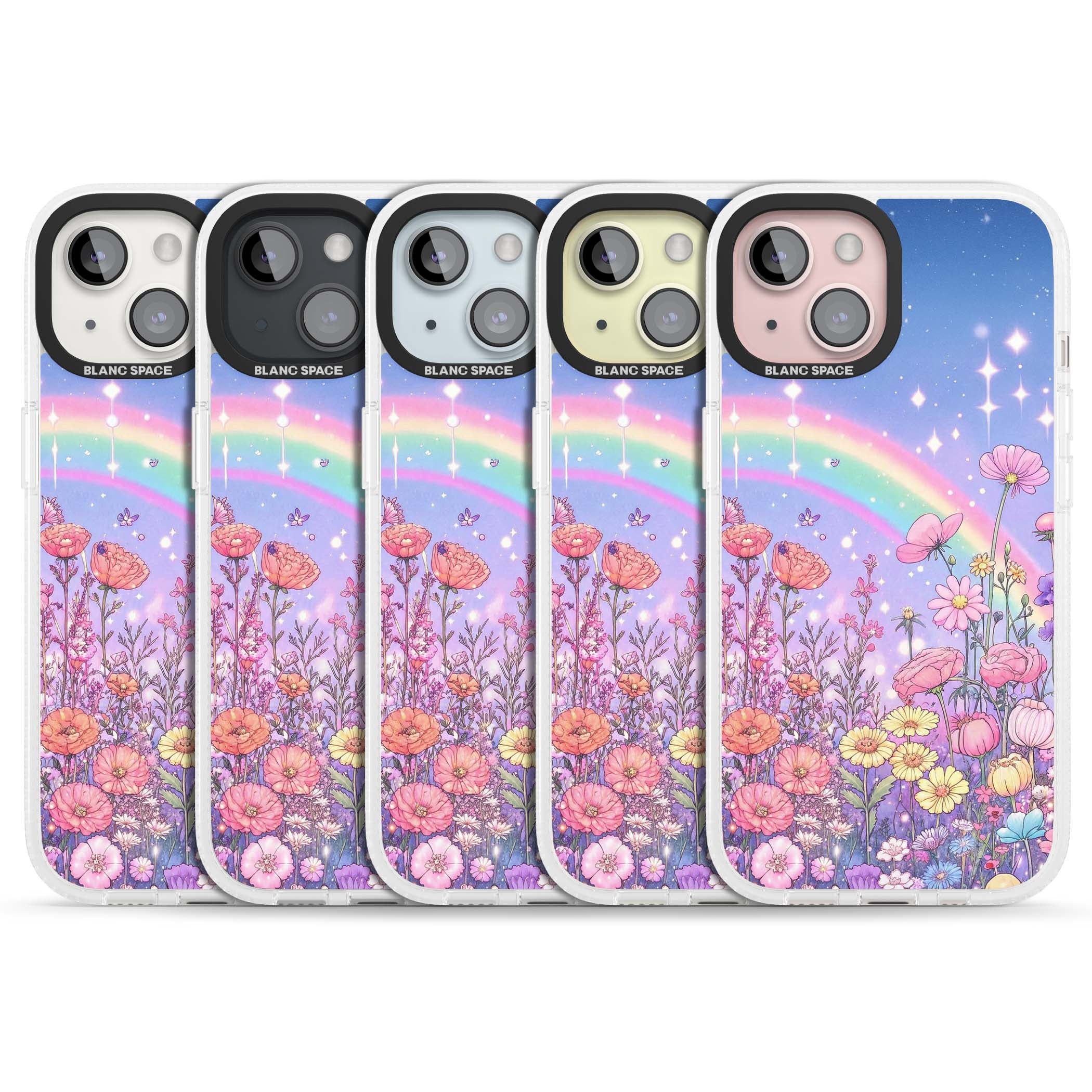 Magical Meadow fairycore iPhone case featuring a pastel rainbow, sparkling stars and a wildflower meadow | Clear Case Impact Air case for iPhone 15, iPhone 15 Plus