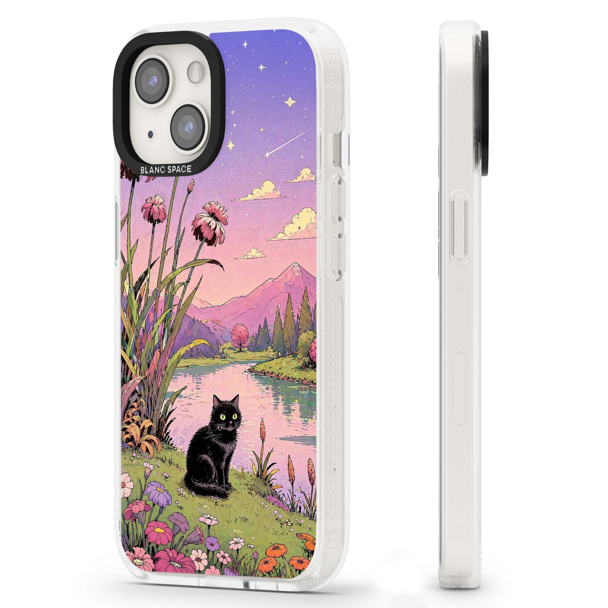 Mystic Whiskers ghibli iPhone case featuring a black cat by a pastel lake, wildflowers and a starry sunset sky | Clear Case Impact Air case for iPhone 15, iPhone 15 Plus