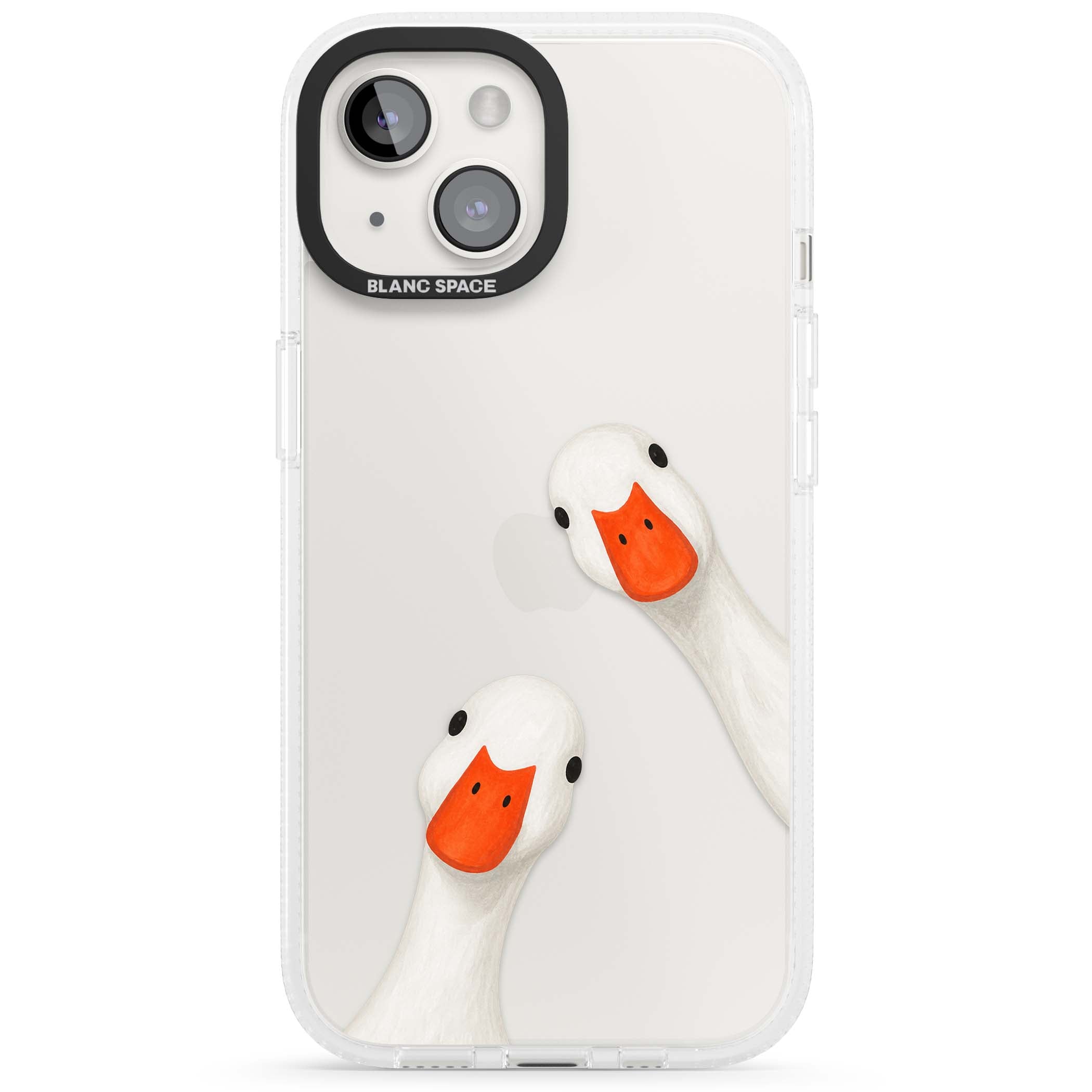 Nosy Ducks cottagecore iPhone case featuring two peeking white ducks with orange beaks on a clear background | Clear Case Impact Air case for iPhone 15, iPhone 15 Plus