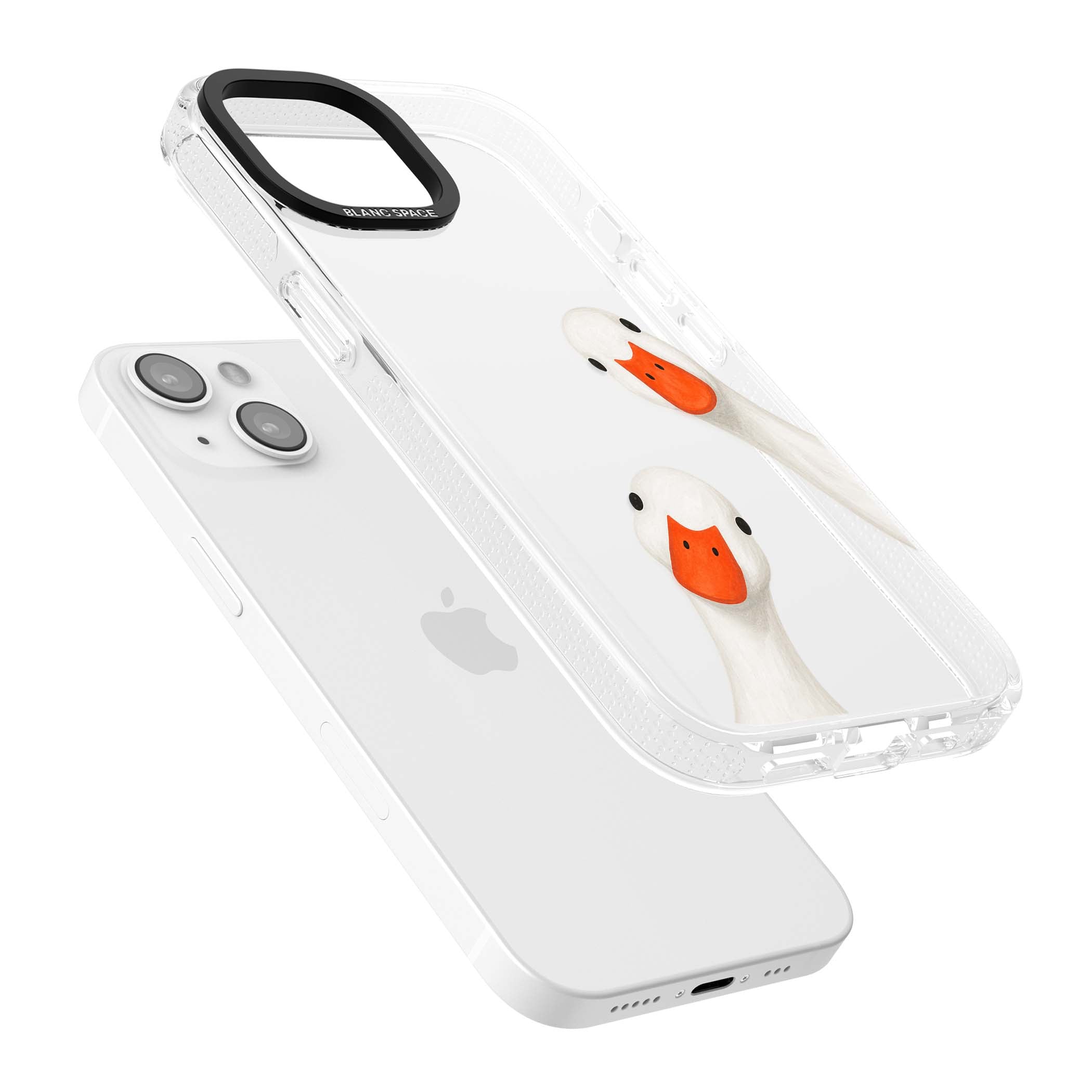 Nosy Ducks cottagecore iPhone case featuring two peeking white ducks with orange beaks on a clear background | Clear Case Impact Air case for iPhone 15, iPhone 15 Plus