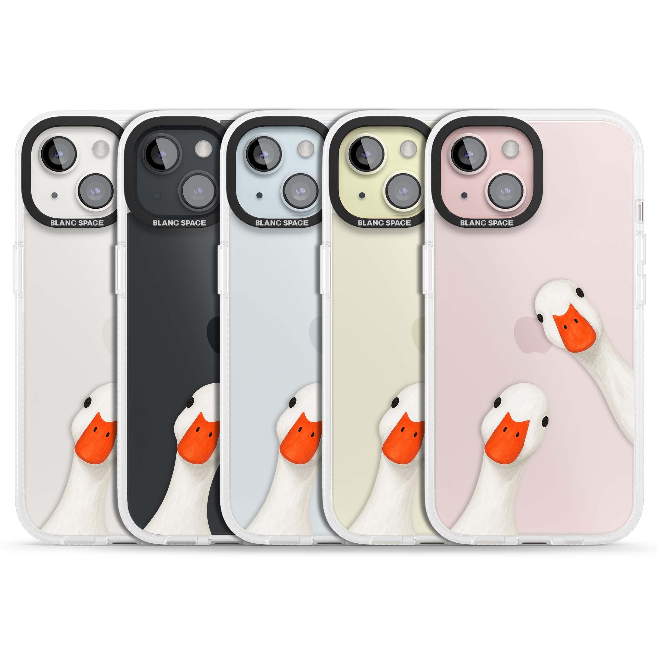Nosy Ducks cottagecore iPhone case featuring two peeking white ducks with orange beaks on a clear background | Clear Case Impact Air case for iPhone 15, iPhone 15 Plus
