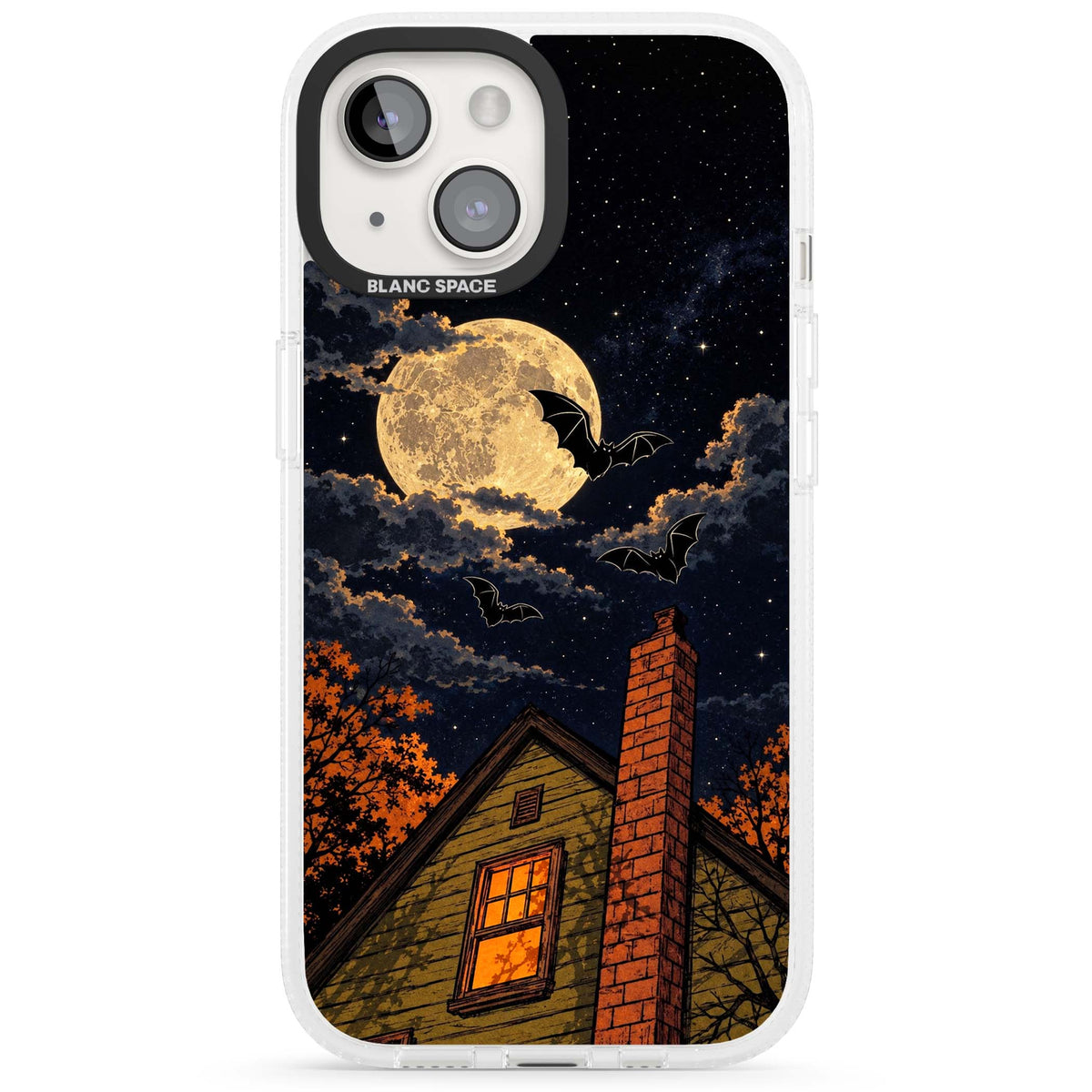 Hollows Eve Halloween iPhone case featuring a haunted house, full moon and flying bats against a starry autumn sky | Clear Case Impact Air case for iPhone 15, iPhone 15 Plus