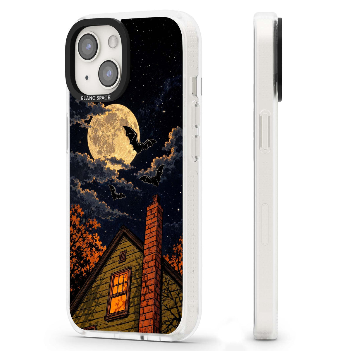 Hollows Eve Halloween iPhone case featuring a haunted house, full moon and flying bats against a starry autumn sky | Clear Case Impact Air case for iPhone 15, iPhone 15 Plus