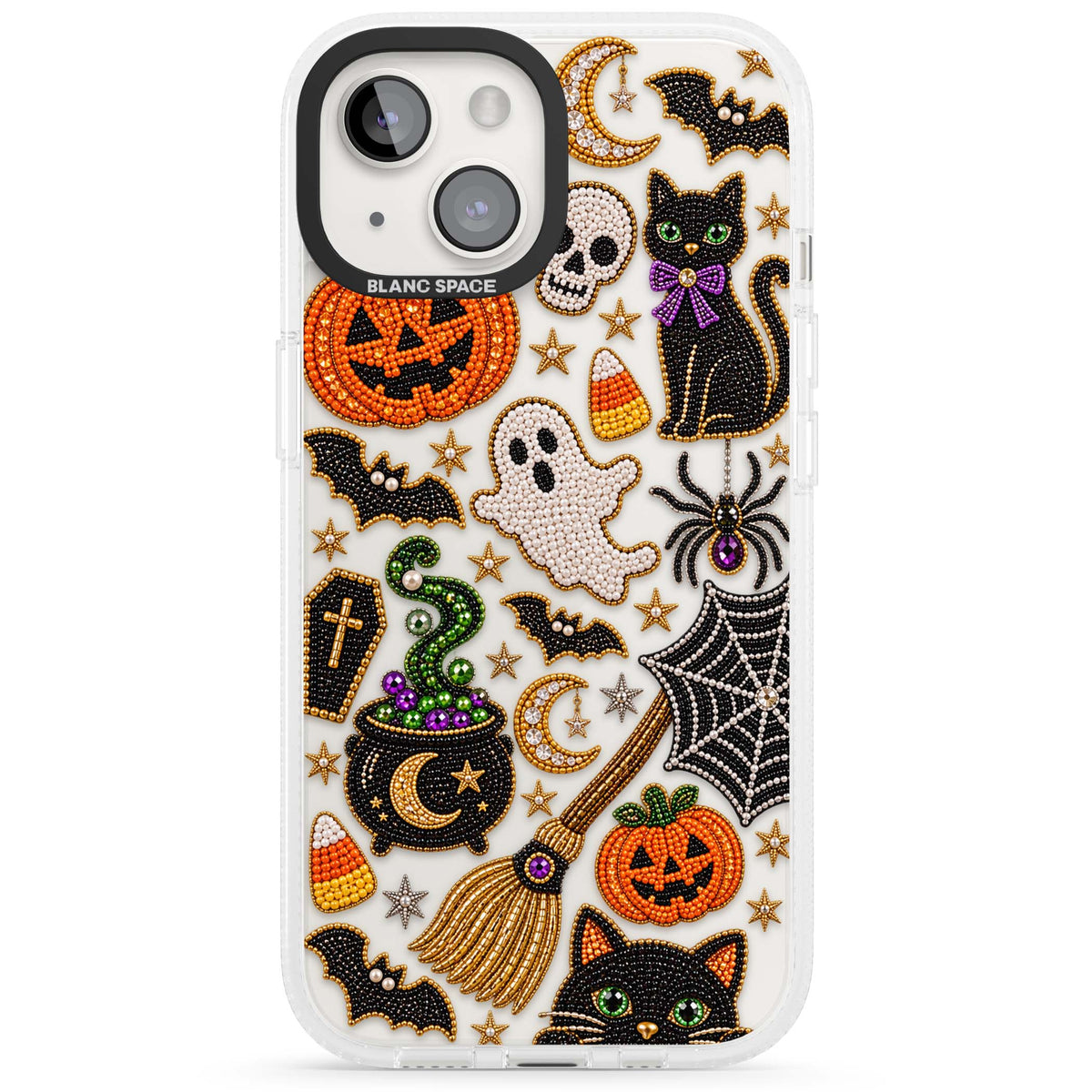 Beaded Halloween Halloween iPhone case featuring beaded pumpkins, ghosts, black cats and bats | Clear Case Impact Air case for iPhone 15, iPhone 15 Plus