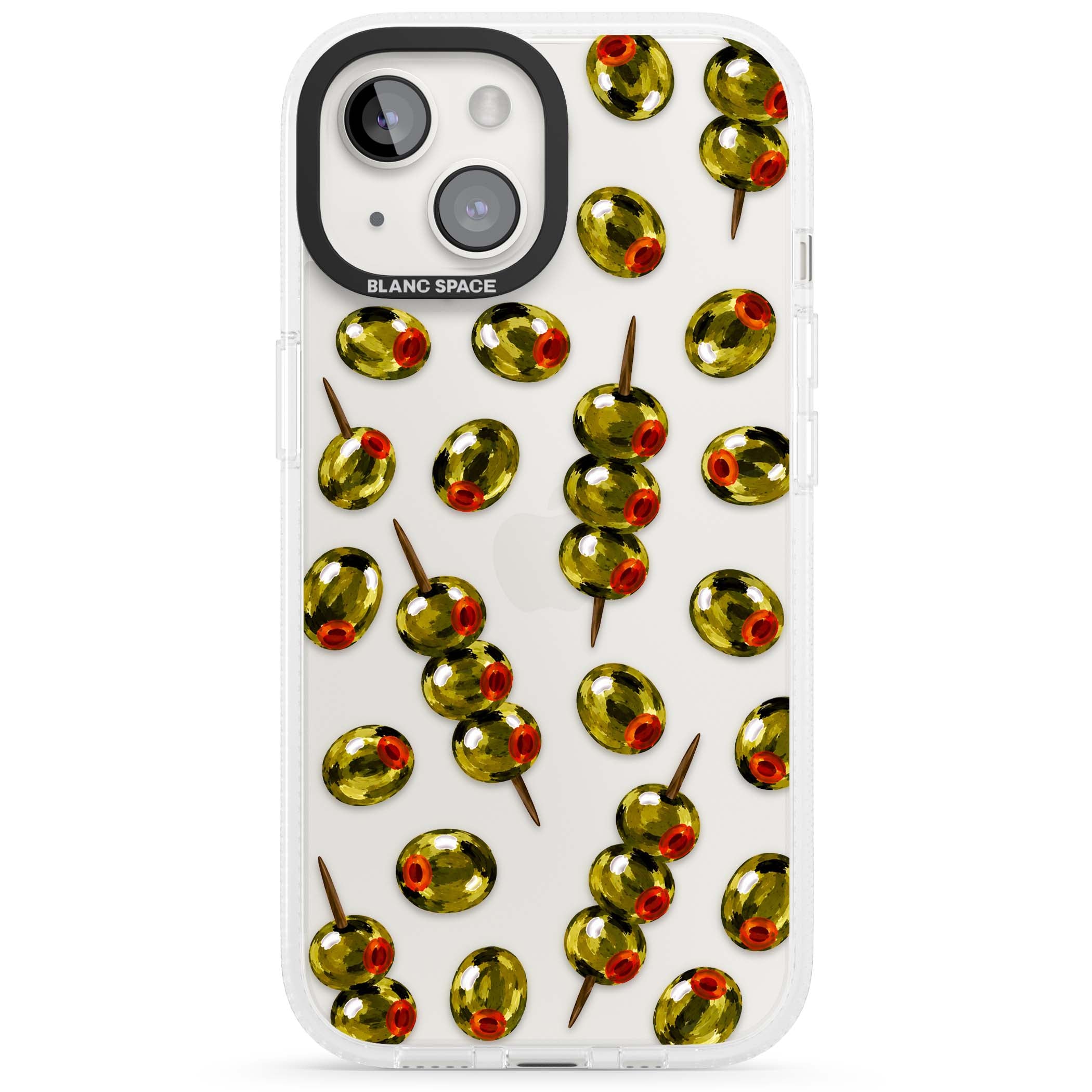 Painted Olives cocktail iPhone case featuring green olives, pimento centres and toothpick skewers on a clear background | Clear Case Impact Air case for iPhone 15, iPhone 15 Plus