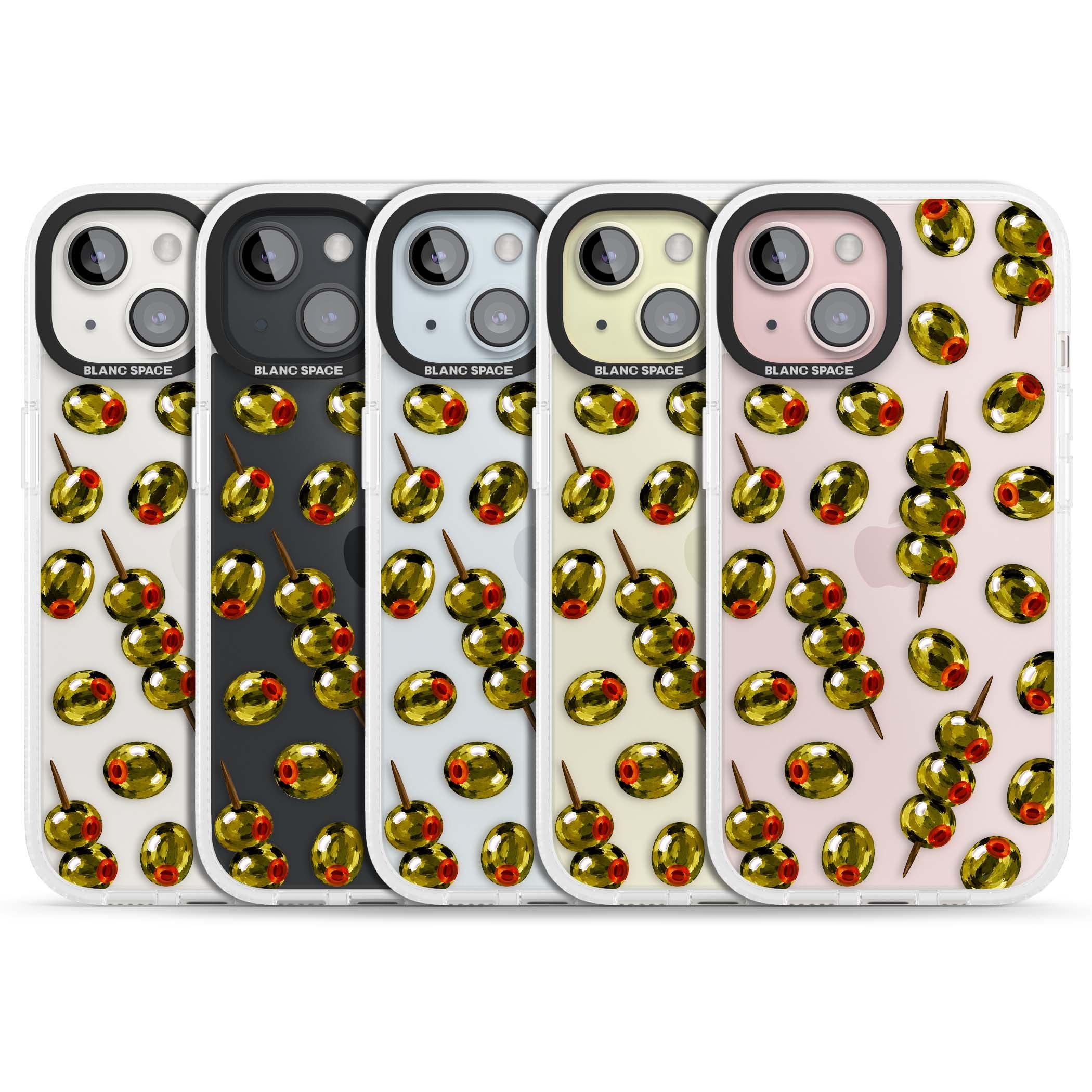 Painted Olives cocktail iPhone case featuring green olives, pimento centres and toothpick skewers on a clear background | Clear Case Impact Air case for iPhone 15, iPhone 15 Plus