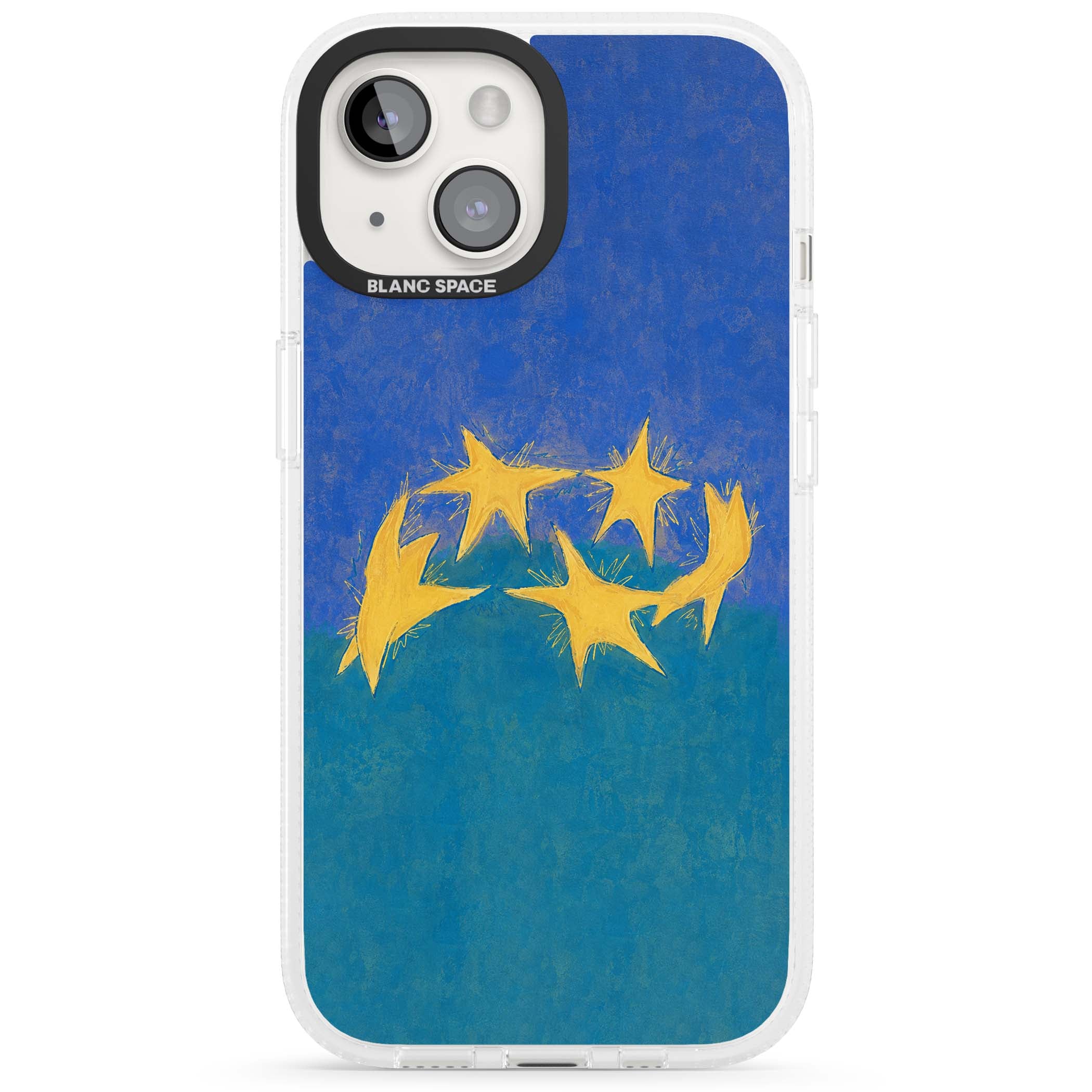 Star Boogie stars aesthetic iPhone case featuring five yellow hand-painted stars on cobalt blue and teal | Clear Case Impact Air case for iPhone 15, iPhone 15 Plus