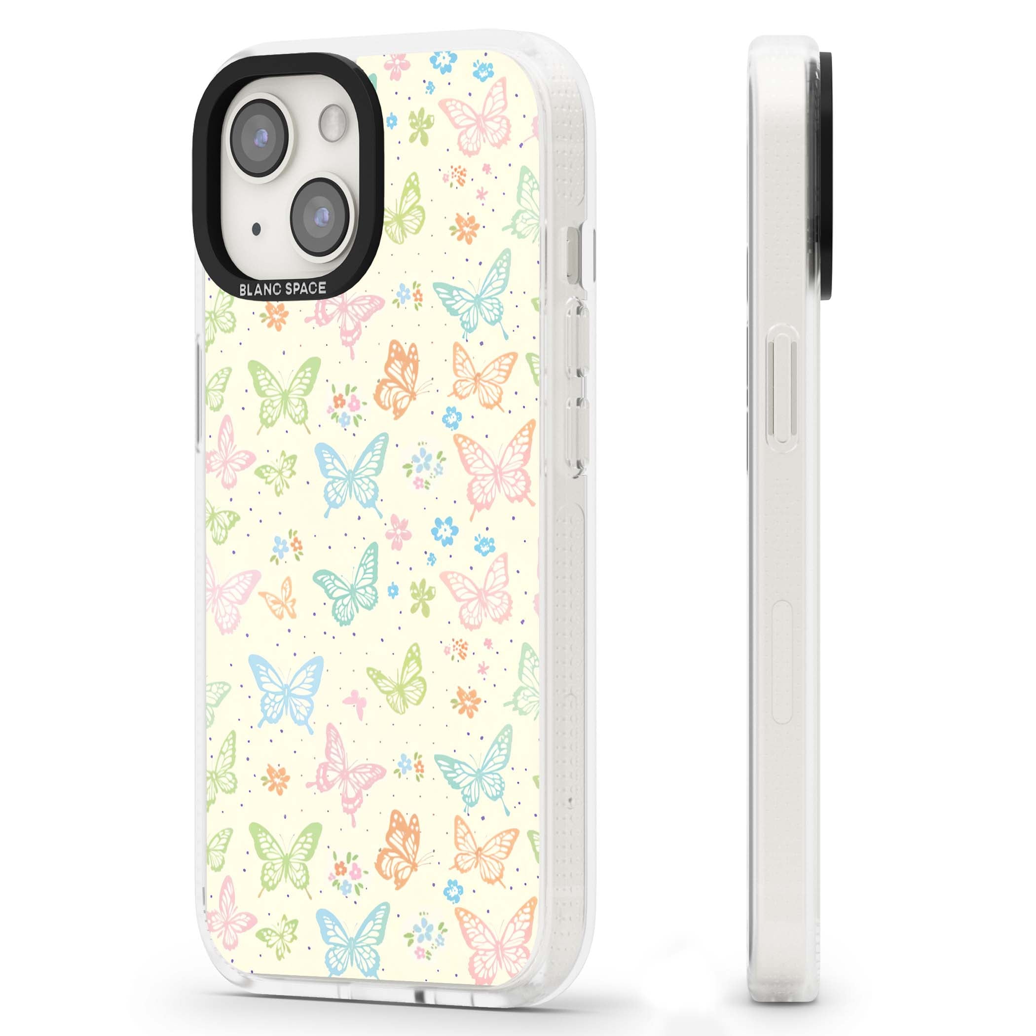 Sugar Wings cottagecore iPhone case featuring rainbow pastel butterflies, tiny wildflowers, and a cream background | Clear Case Impact Air case for iPhone 15, iPhone 15 Plus