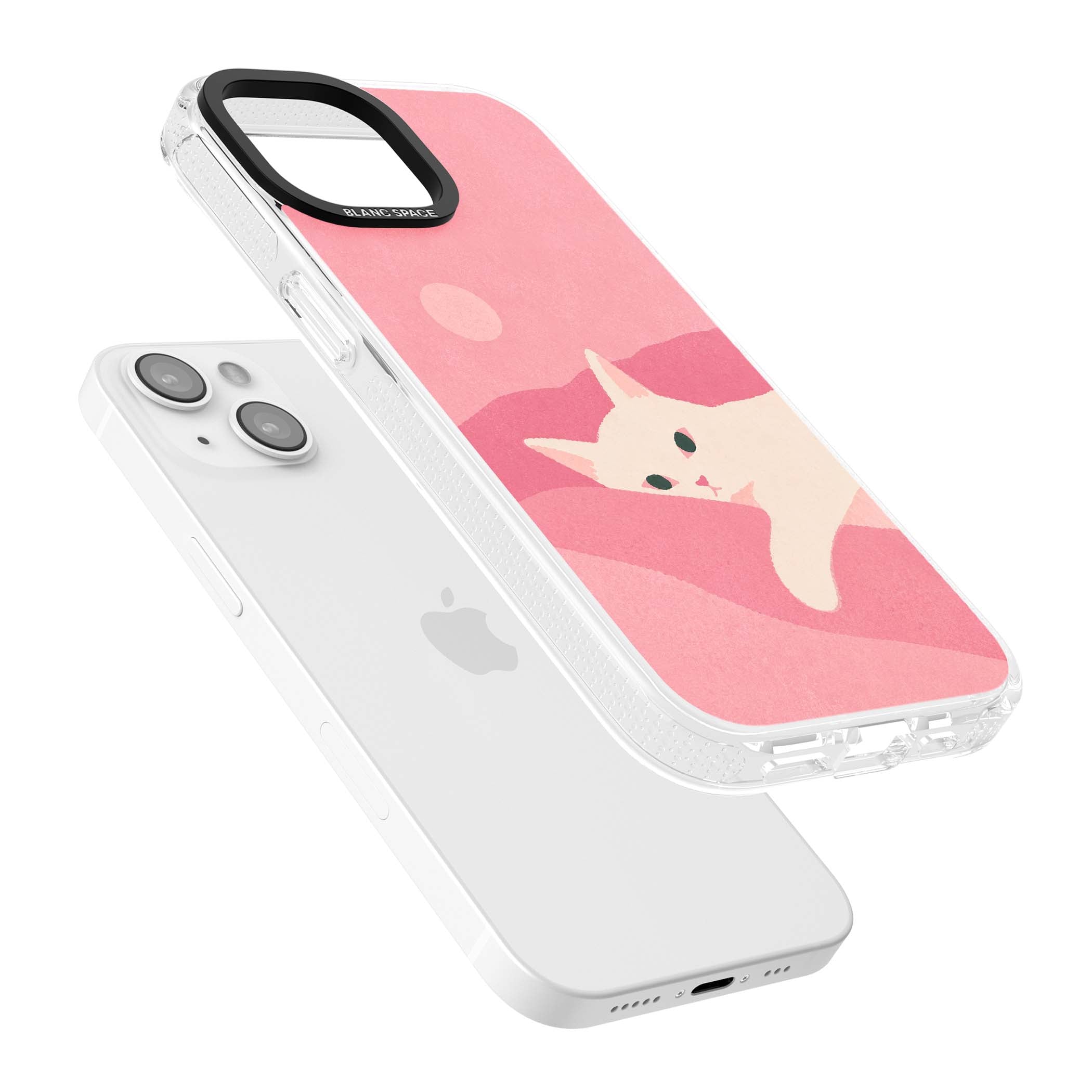Pink Dreams cute cat iPhone case featuring a white kitten, soft pink hills and a pale pastel sun | Clear Case Impact Air case for iPhone 15, iPhone 15 Plus