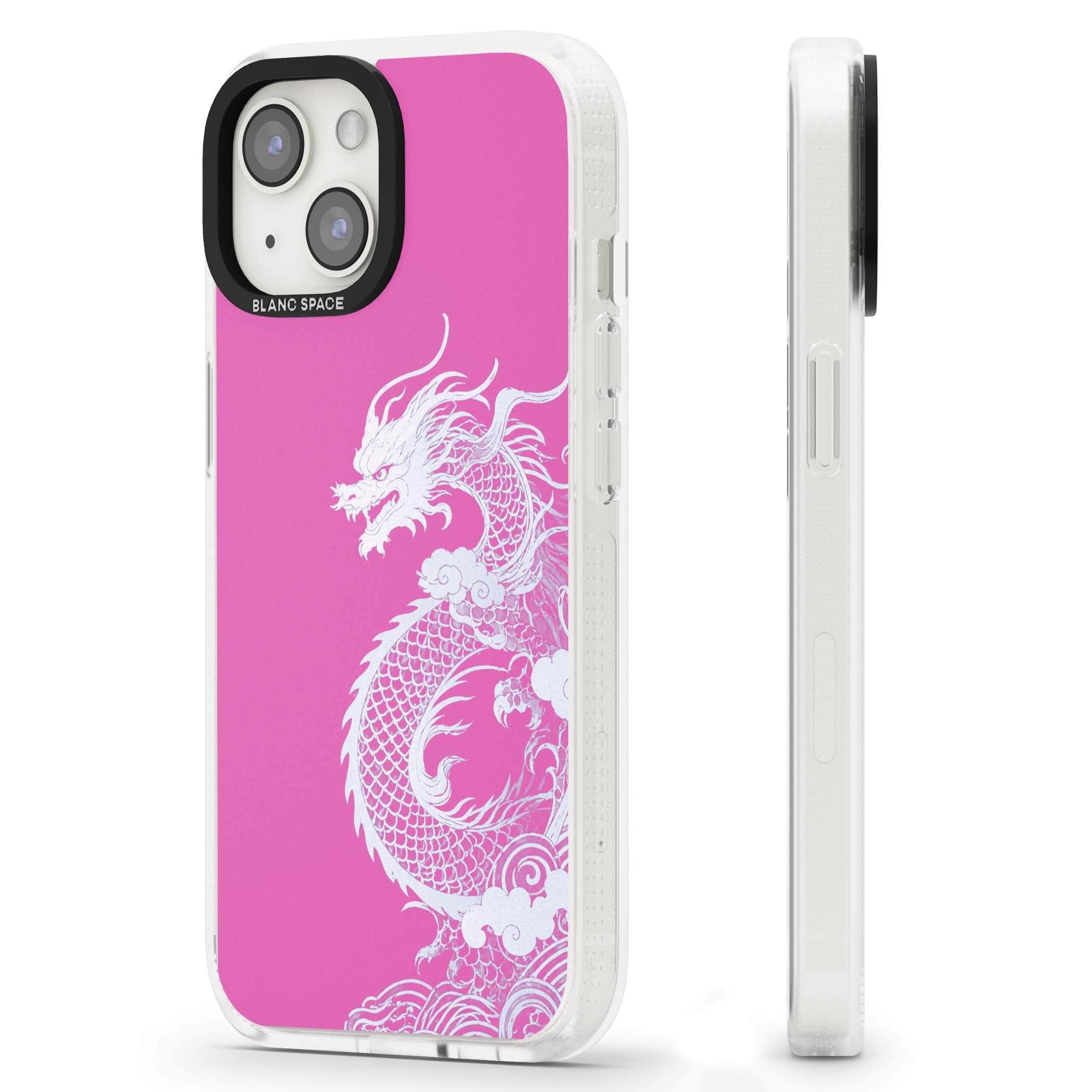 Pink Empress chinese dragon iPhone case featuring a white dragon, swirling clouds and pink dragon wallpaper backdrop | Clear Case Impact Air case for iPhone 15, iPhone 15 Plus