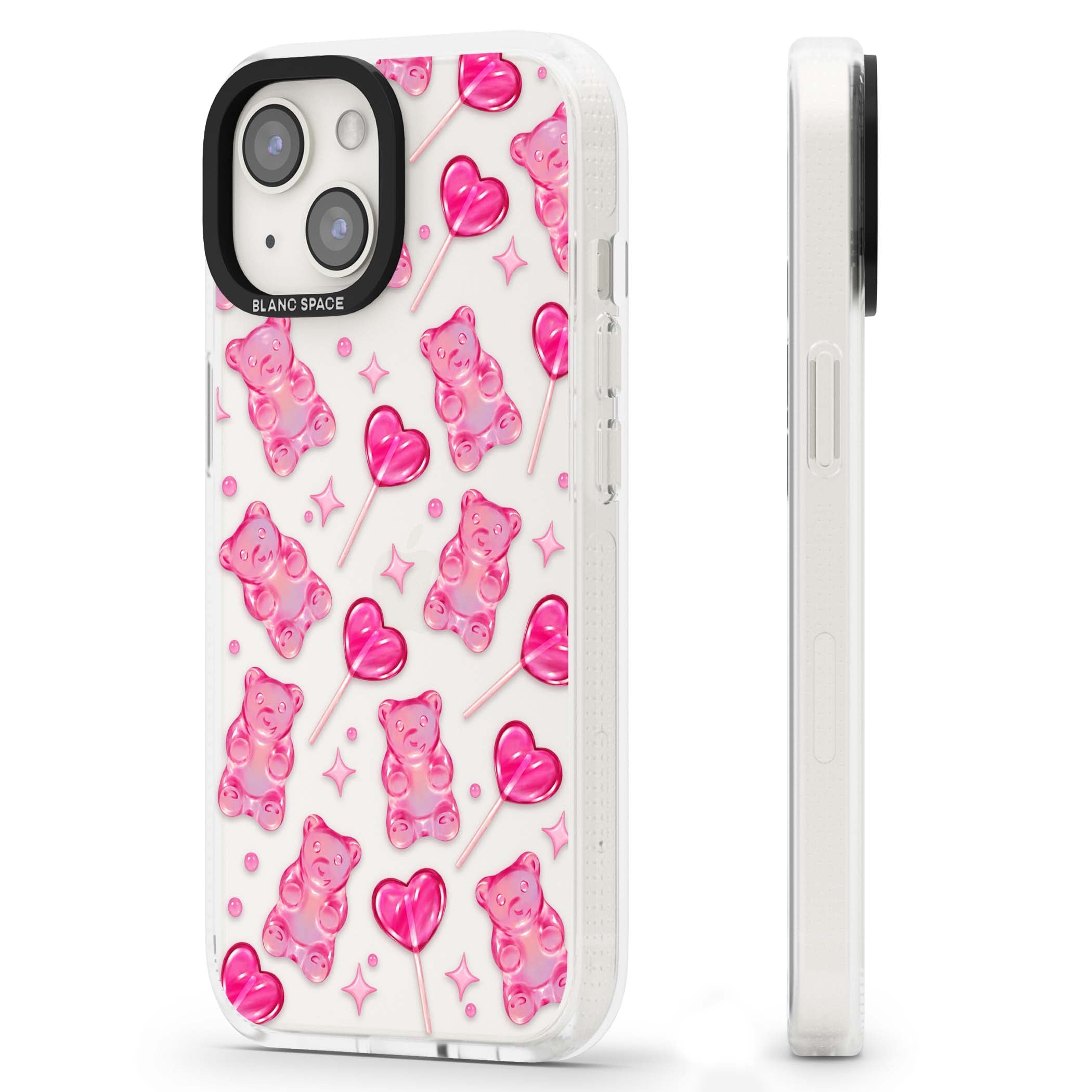 Pink Sugar pinkcore iPhone case featuring pink gummy bears, heart-shaped lollipops and sparkle stars | Clear Case Impact Air case for iPhone 15, iPhone 15 Plus