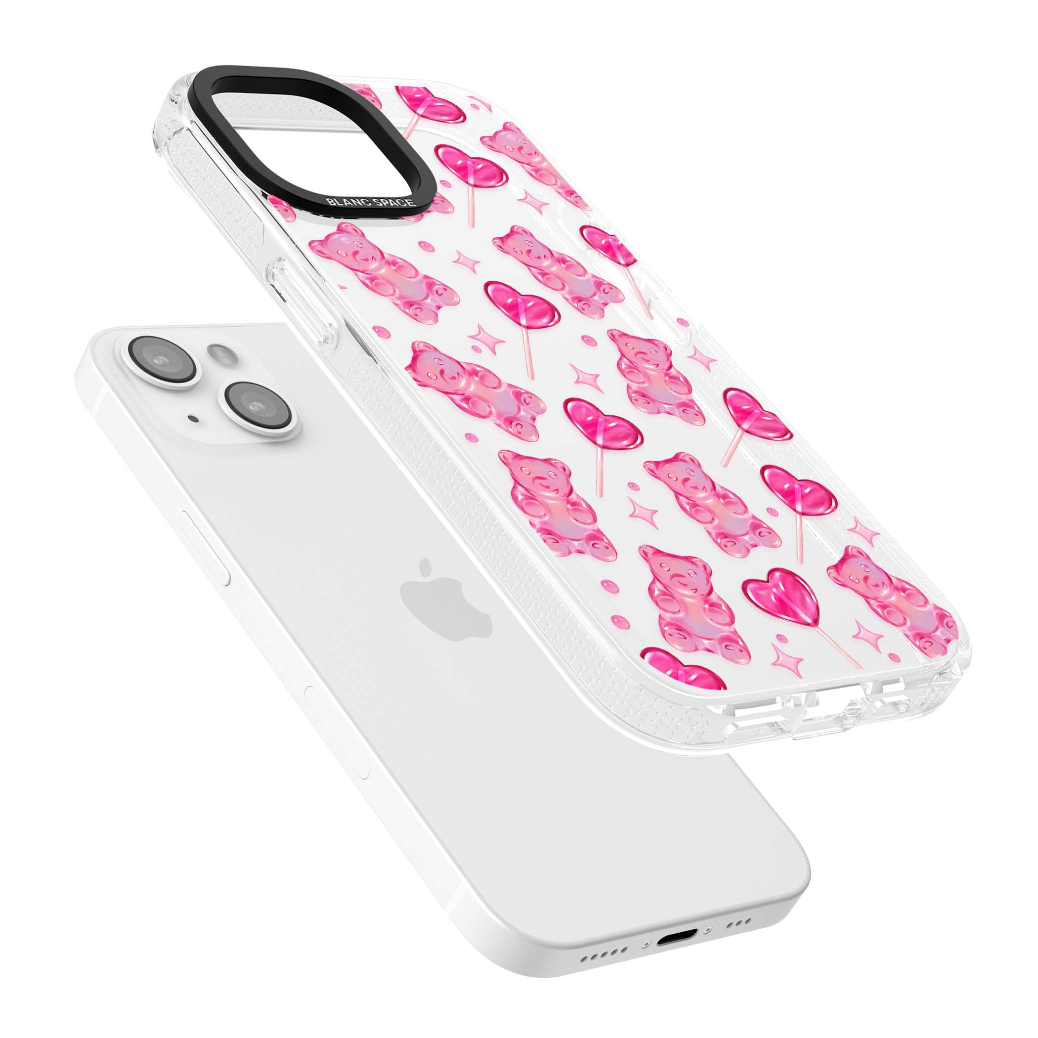 Pink Sugar pinkcore iPhone case featuring pink gummy bears, heart-shaped lollipops and sparkle stars | Clear Case Impact Air case for iPhone 15, iPhone 15 Plus