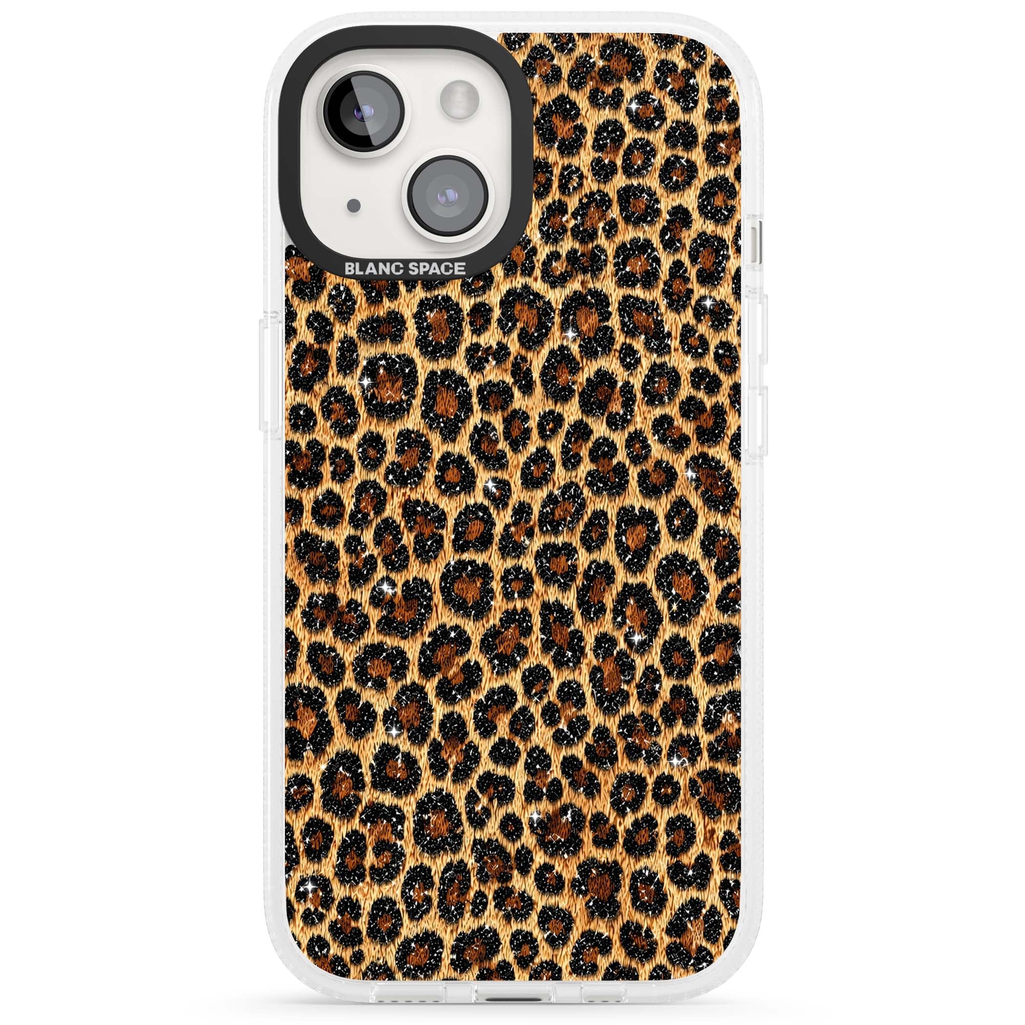 Diamond Leopard leopard print iPhone case featuring golden tan fur, black rosette spots and subtle glitter sparkle | Clear Case Impact Air case for iPhone 15, iPhone 15 Plus