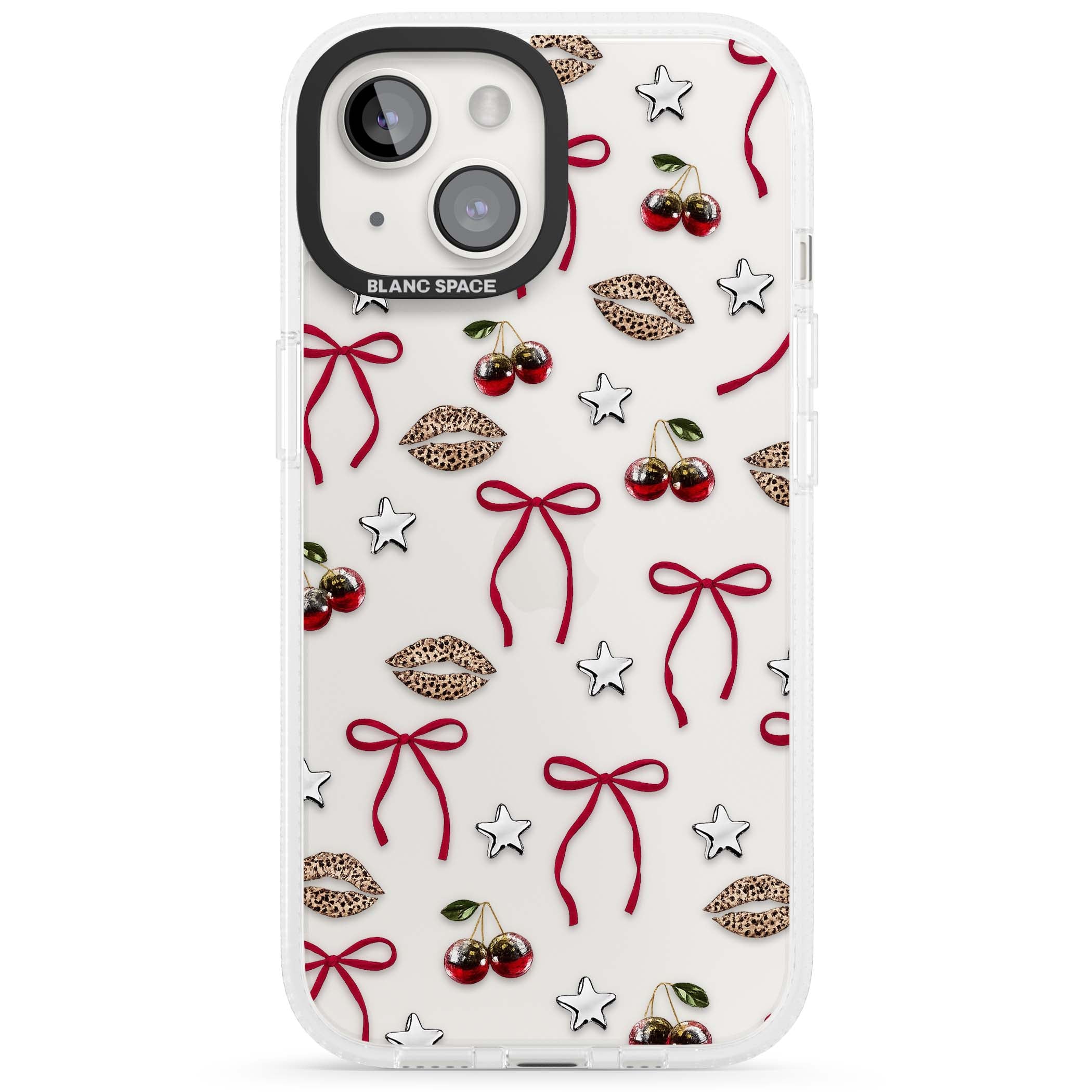 Starlet coquette iPhone case featuring red ribbon bows, disco cherries and leopard-print lips | Clear Case Impact Air case for iPhone 15, iPhone 15 Plus
