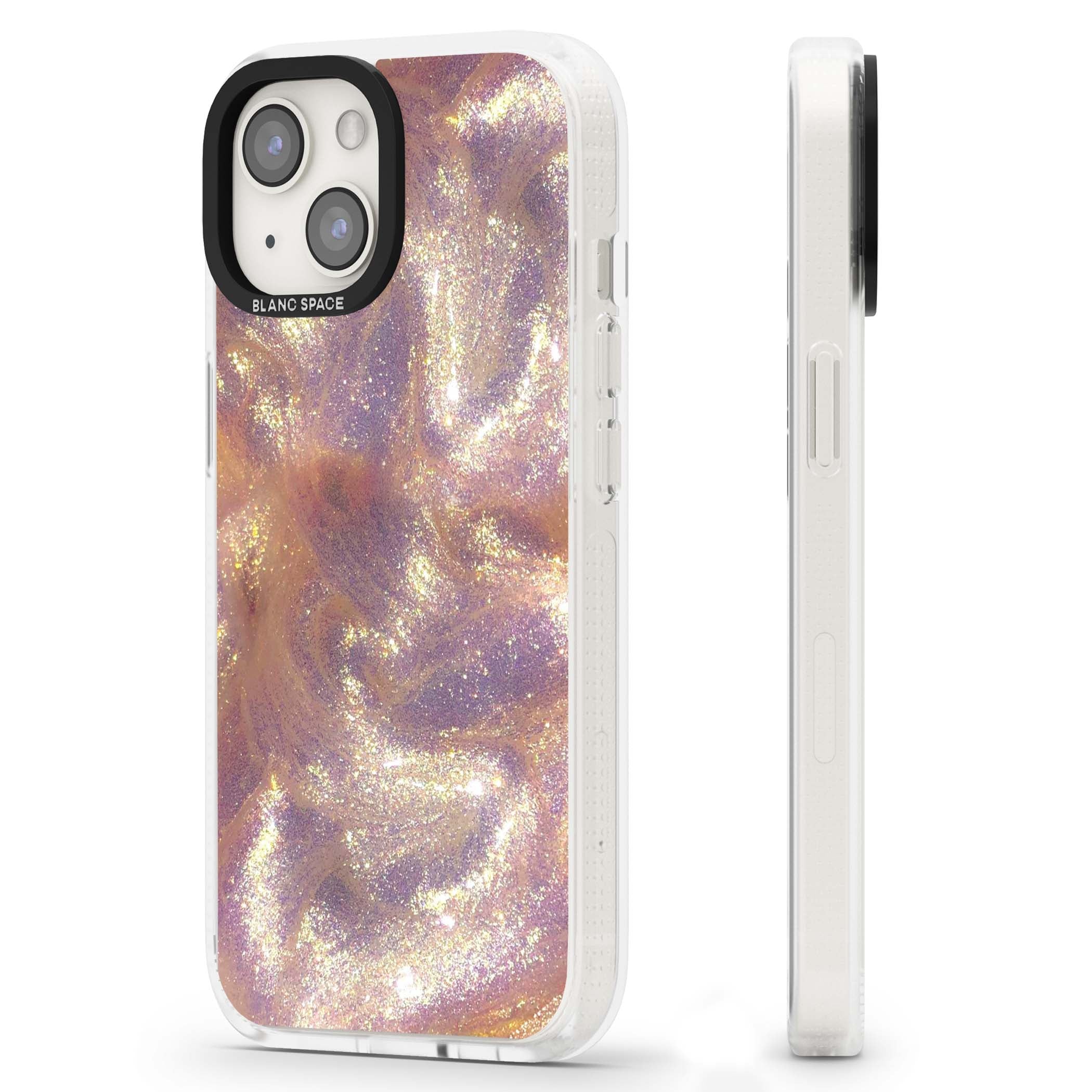 Shimmer marble iPhone case featuring rose gold glitter swirls, lilac shimmer and iridescent pearl finish | Clear Case Impact Air case for iPhone 15, iPhone 15 Plus