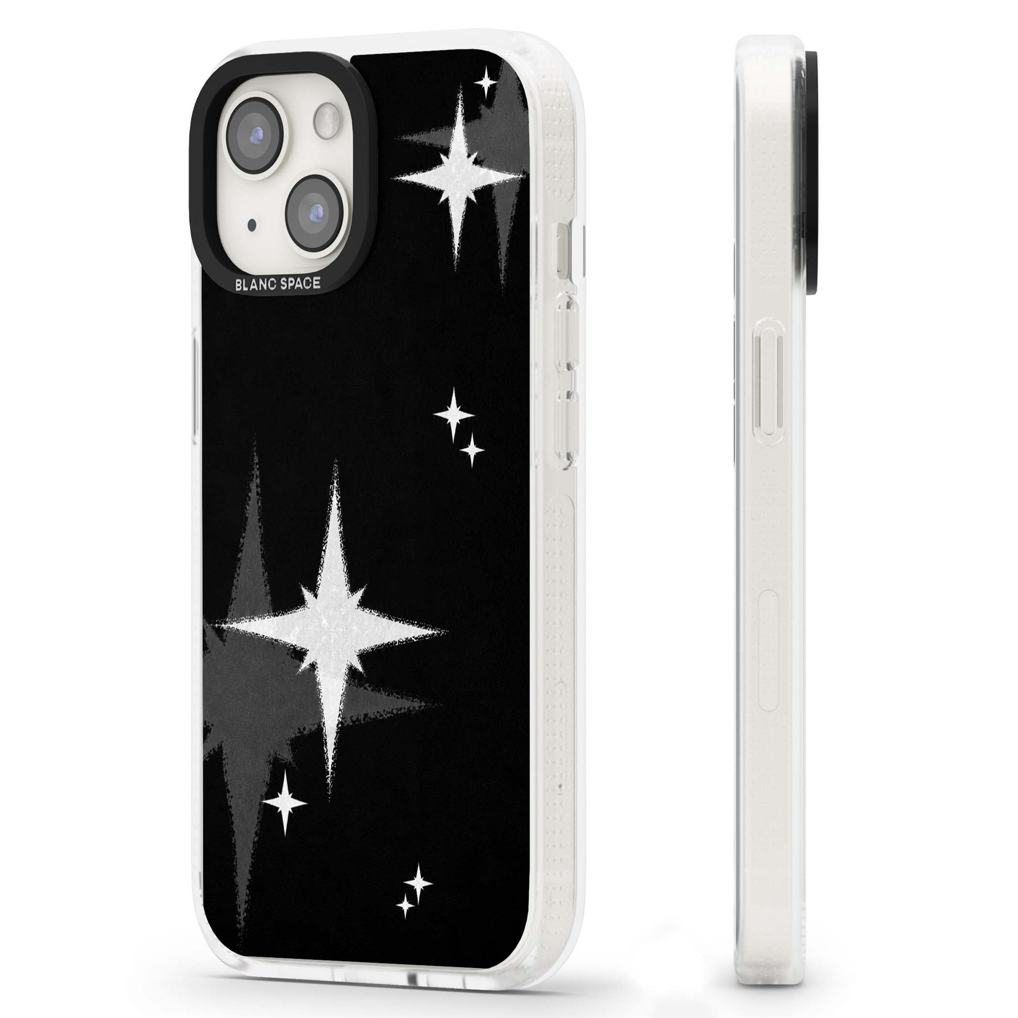 Black Sparkle celestial iPhone case featuring white sparkle stars on a black night sky background | Clear Case Impact Air case for iPhone 15, iPhone 15 Plus