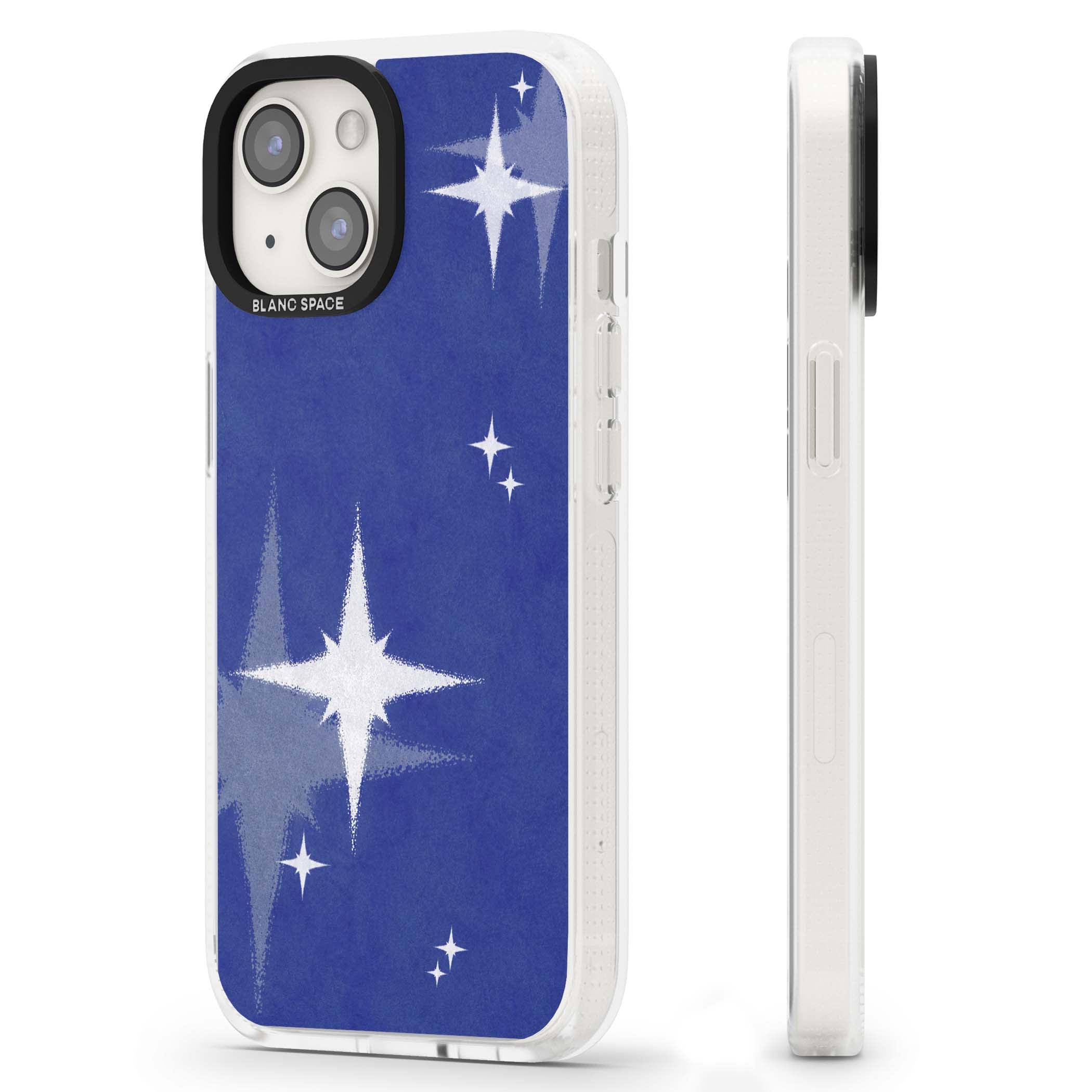 Blue Sparkle celestial iPhone case featuring sparkling silver stars on a deep blue painterly night sky | Clear Case Impact Air case for iPhone 15, iPhone 15 Plus