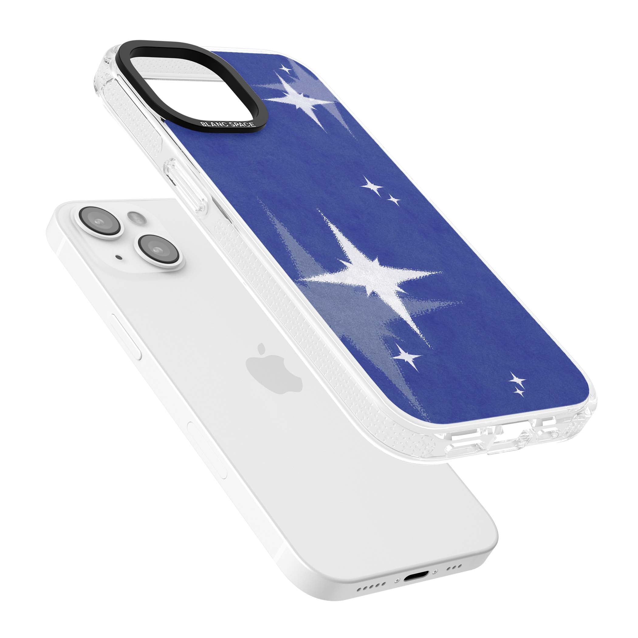 Blue Sparkle celestial iPhone case featuring sparkling silver stars on a deep blue painterly night sky | Clear Case Impact Air case for iPhone 15, iPhone 15 Plus