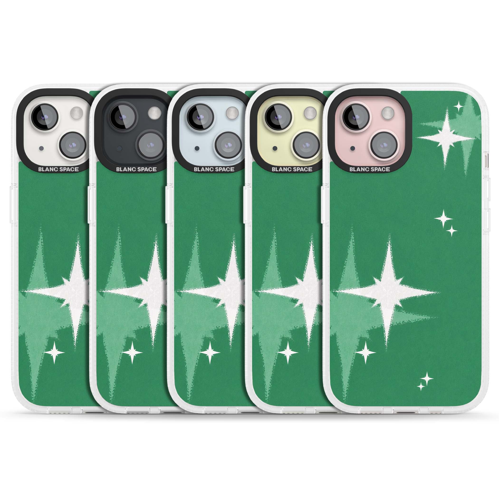 Green Sparkle celestial iPhone case featuring sparkling white four-point stars on a deep green background | Clear Case Impact Air case for iPhone 15, iPhone 15 Plus