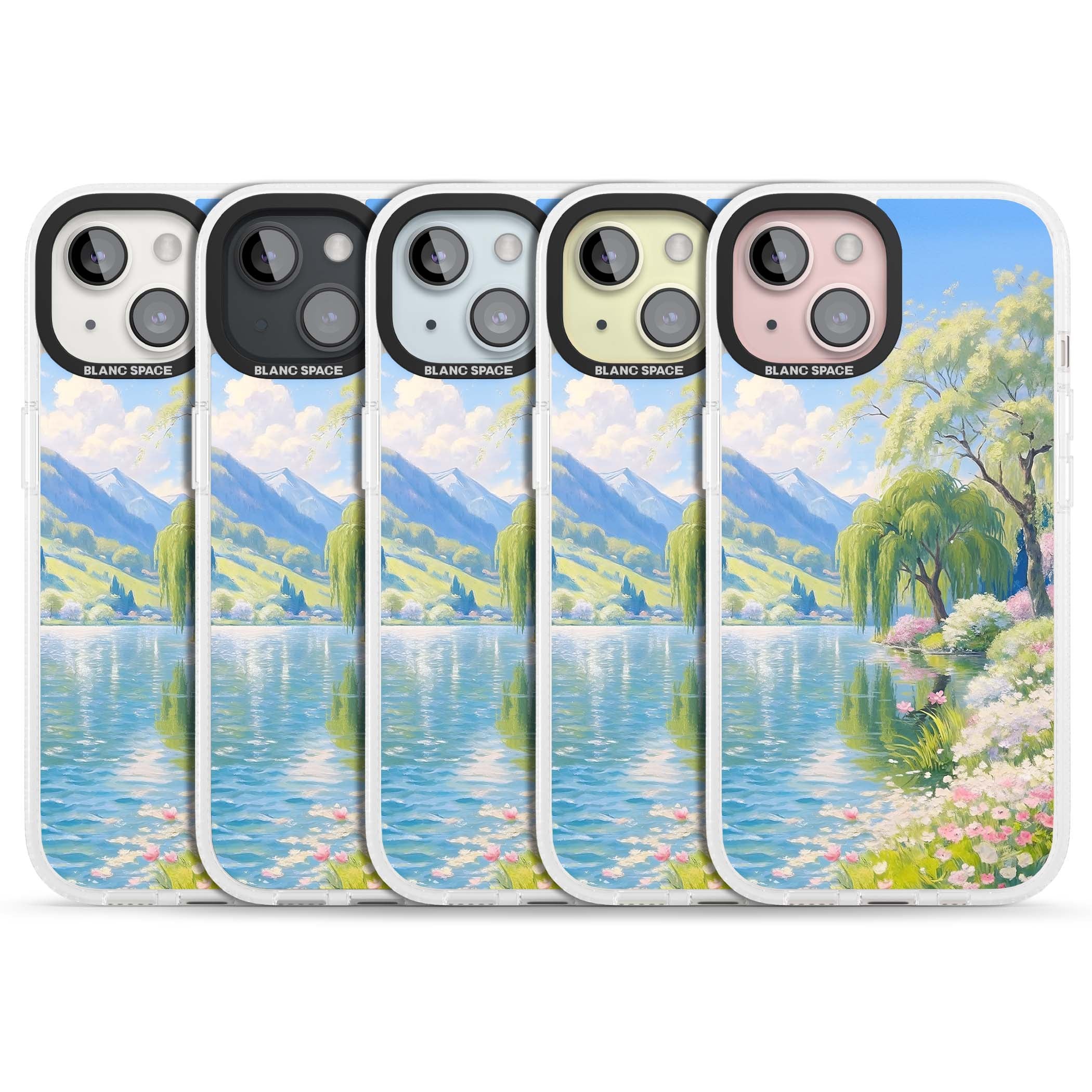 Willow Lake cottagecore iPhone case featuring a painted lakeside with weeping willow, blossoms and distant mountains | Clear Case Impact Air case for iPhone 15, iPhone 15 Plus