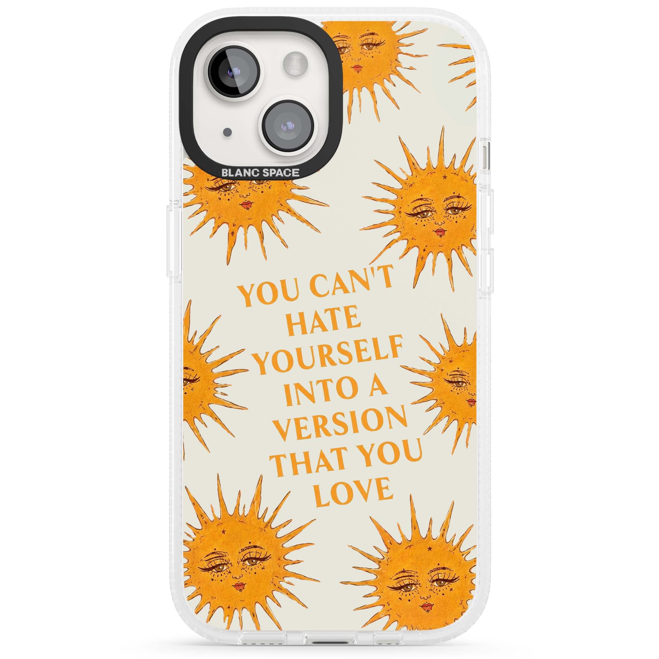 Don't Hate Yourself celestial iPhone case featuring vintage sun faces, ochre rays and a self-love quote | Clear Case Impact Air case for iPhone 15, iPhone 15 Plus