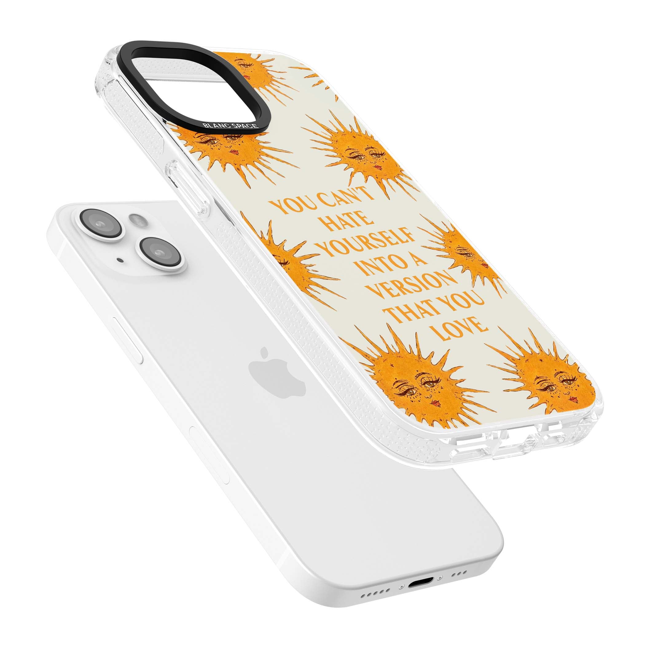 Don't Hate Yourself celestial iPhone case featuring vintage sun faces, ochre rays and a self-love quote | Clear Case Impact Air case for iPhone 15, iPhone 15 Plus