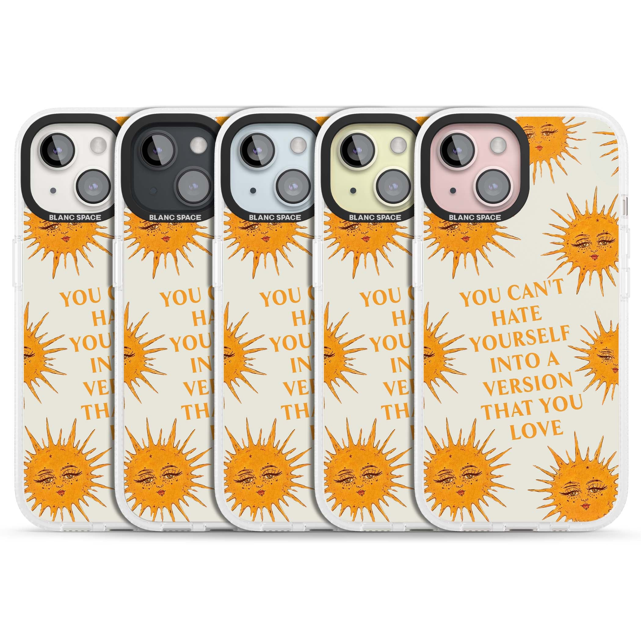 Don't Hate Yourself celestial iPhone case featuring vintage sun faces, ochre rays and a self-love quote | Clear Case Impact Air case for iPhone 15, iPhone 15 Plus