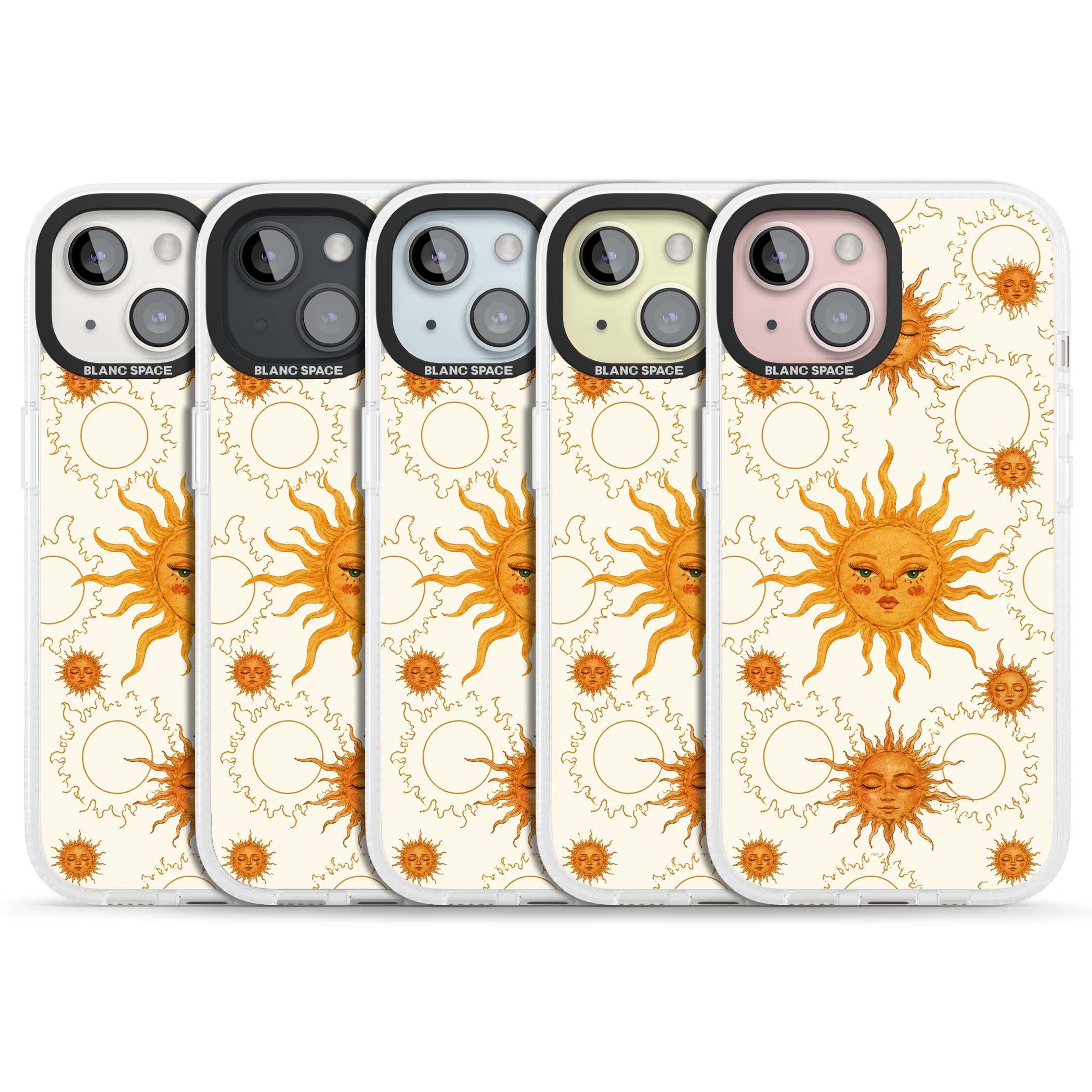 Solstice Muse celestial iPhone case featuring hand-painted golden sun faces, closed-eye sun goddesses and outlined moons... | Clear Case Impact Air case for iPhone 15, iPhone 15 Plus