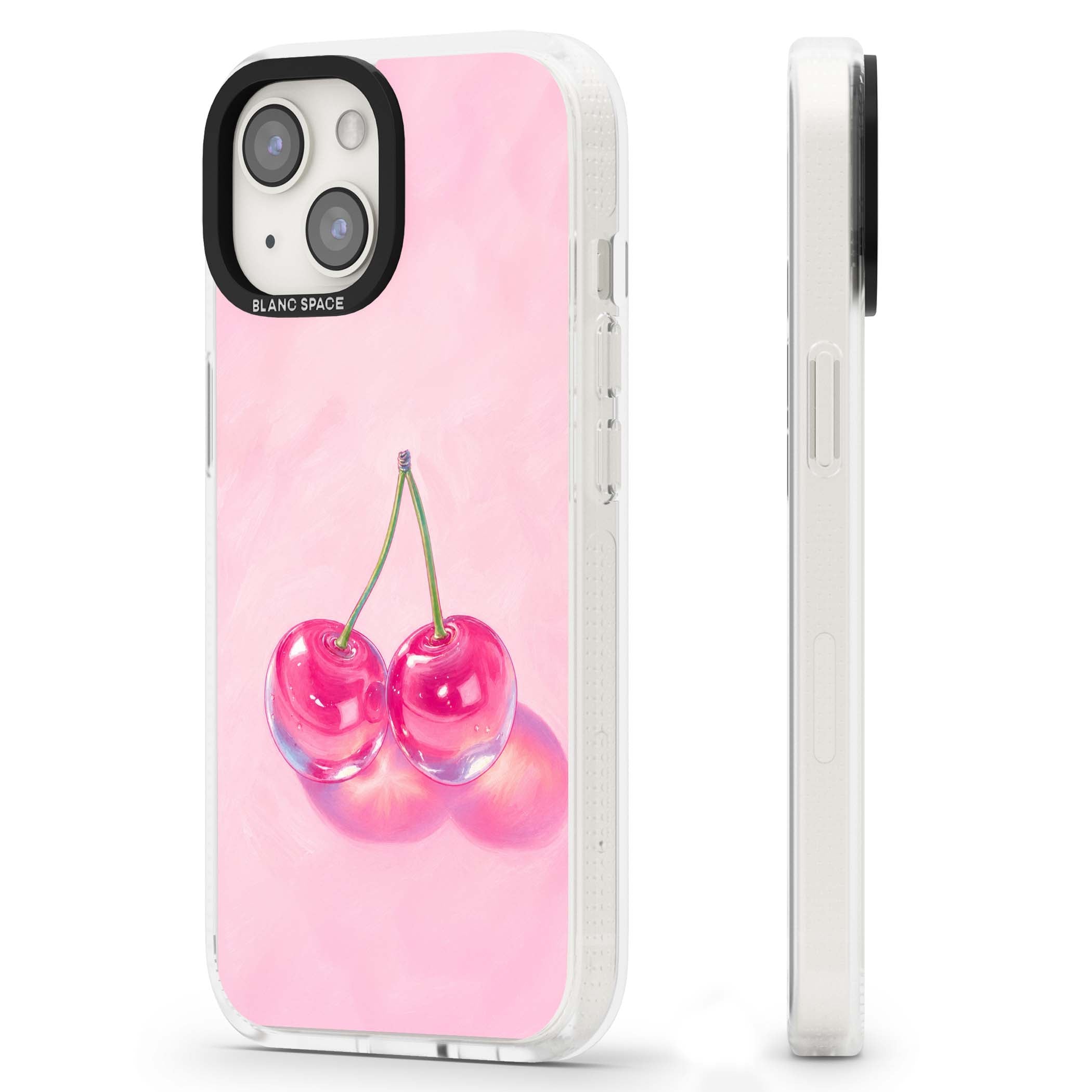 Pink Glass Cherry coquette iPhone case featuring two glossy painted cherries on a soft pink background | Clear Case Impact Air case for iPhone 15, iPhone 15 Plus