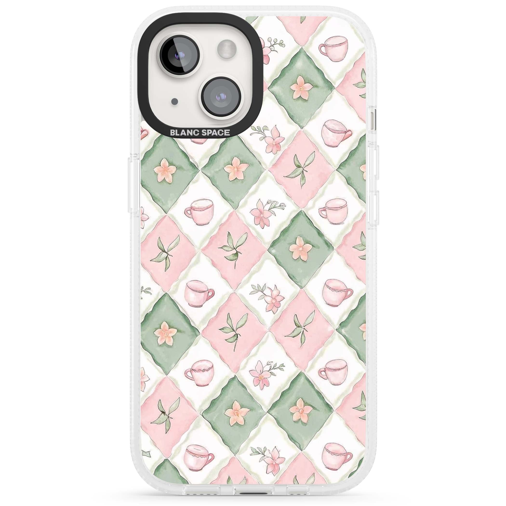 Garden Tea Party coquette iPhone case with pink and green checkered pattern, watercolour teacups and wildflowers | Clear Case Impact Air case for iPhone 15, iPhone 15 Plus