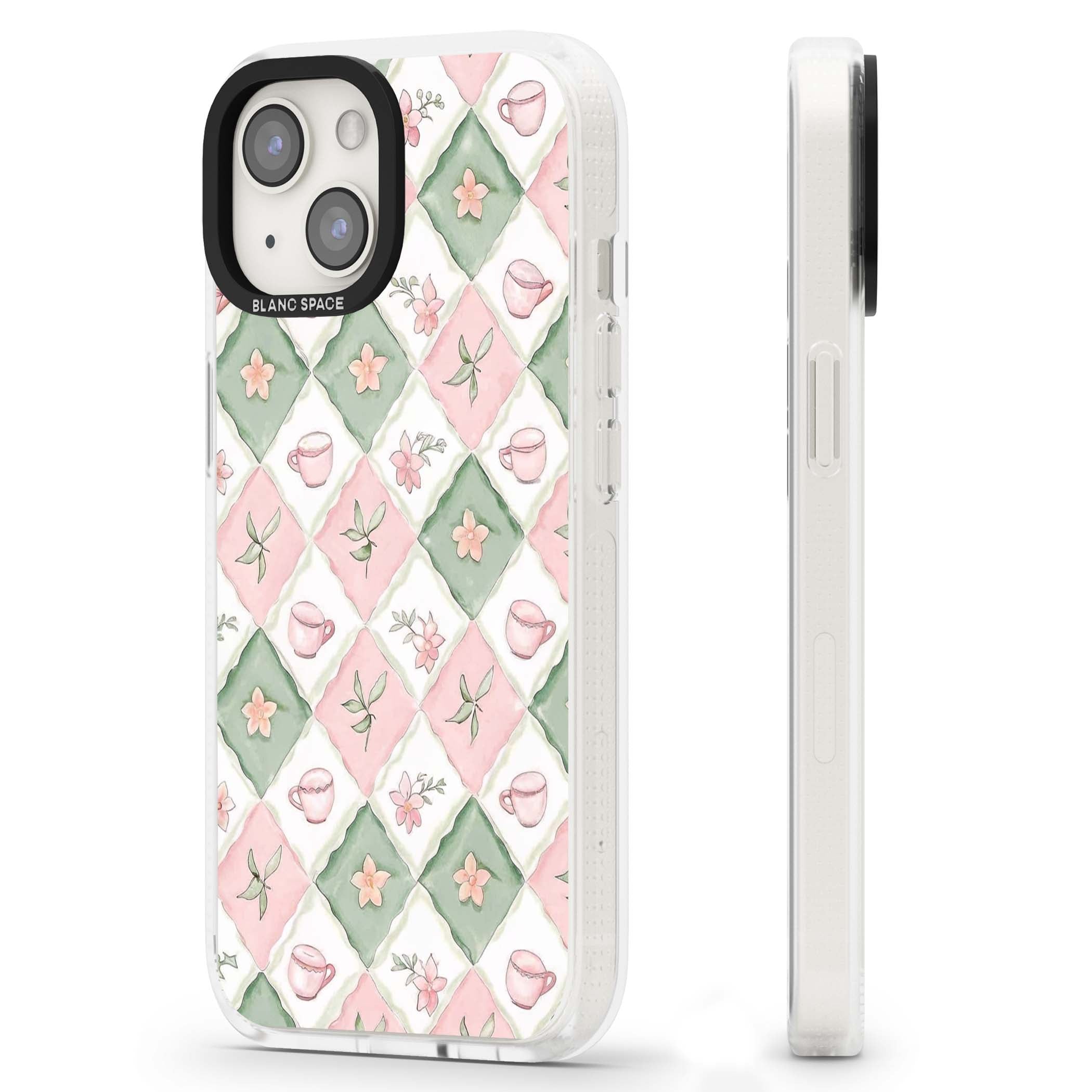 Garden Tea Party coquette iPhone case with pink and green checkered pattern, watercolour teacups and wildflowers | Clear Case Impact Air case for iPhone 15, iPhone 15 Plus