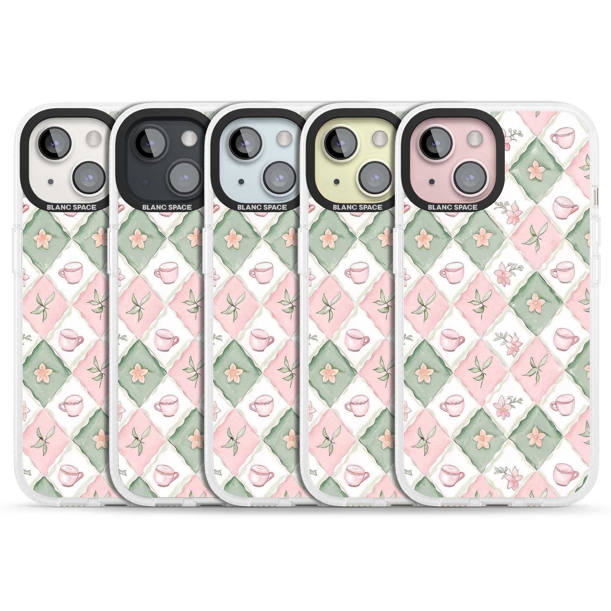 Garden Tea Party coquette iPhone case with pink and green checkered pattern, watercolour teacups and wildflowers | Clear Case Impact Air case for iPhone 15, iPhone 15 Plus