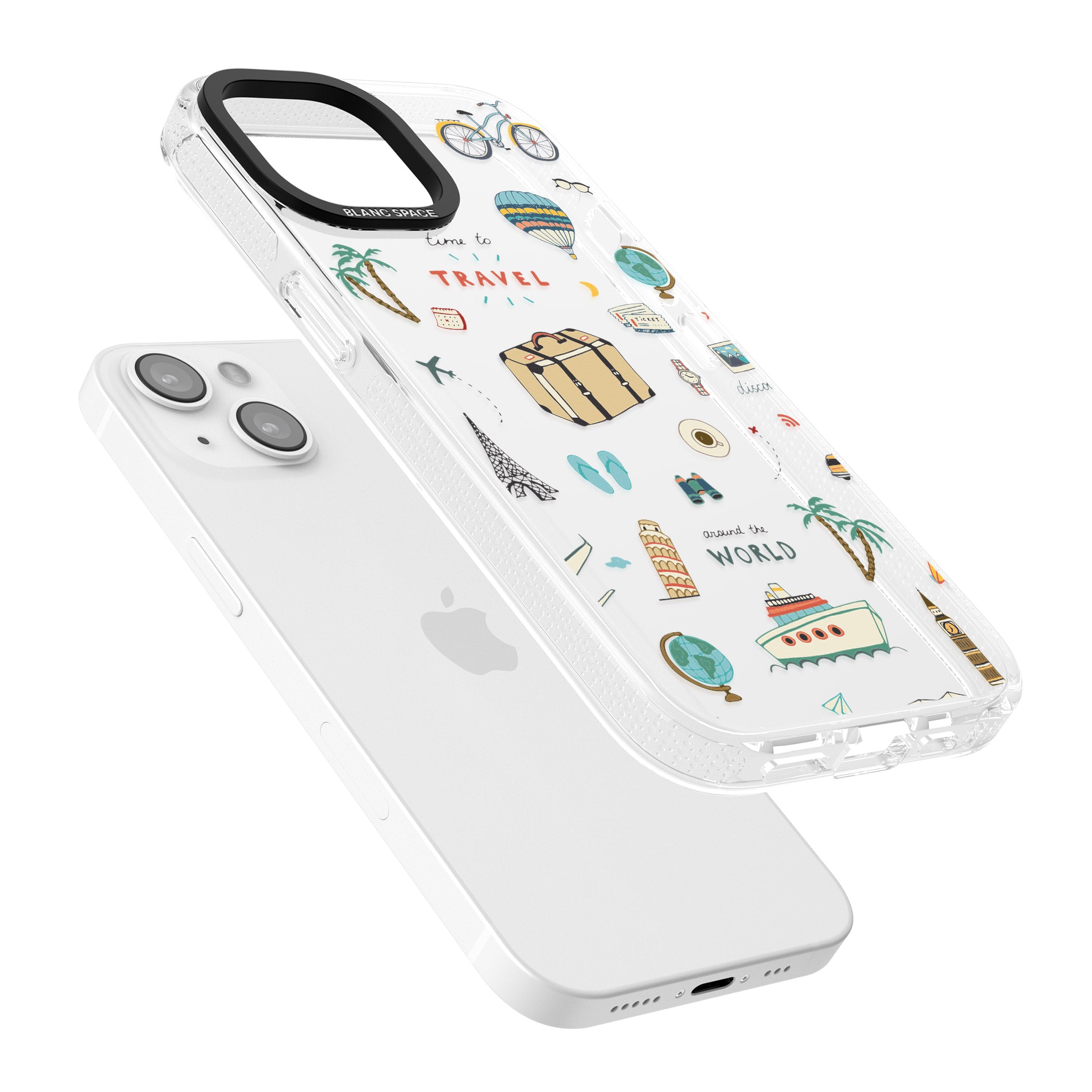 Cute Travel Pattern Transparent iPhone 15 / 14 / 13 Clear Case Impact Air - Blanc Space