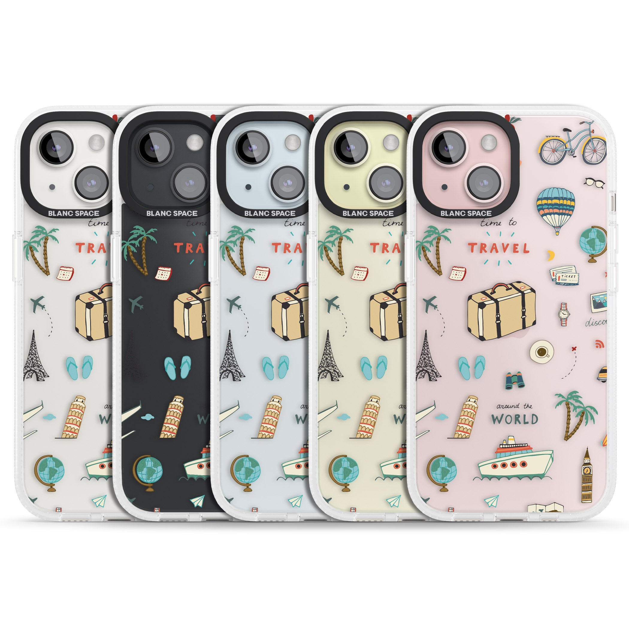 Cute Travel Pattern Transparent iPhone 15 / 14 / 13 Clear Case Impact Air - Blanc Space