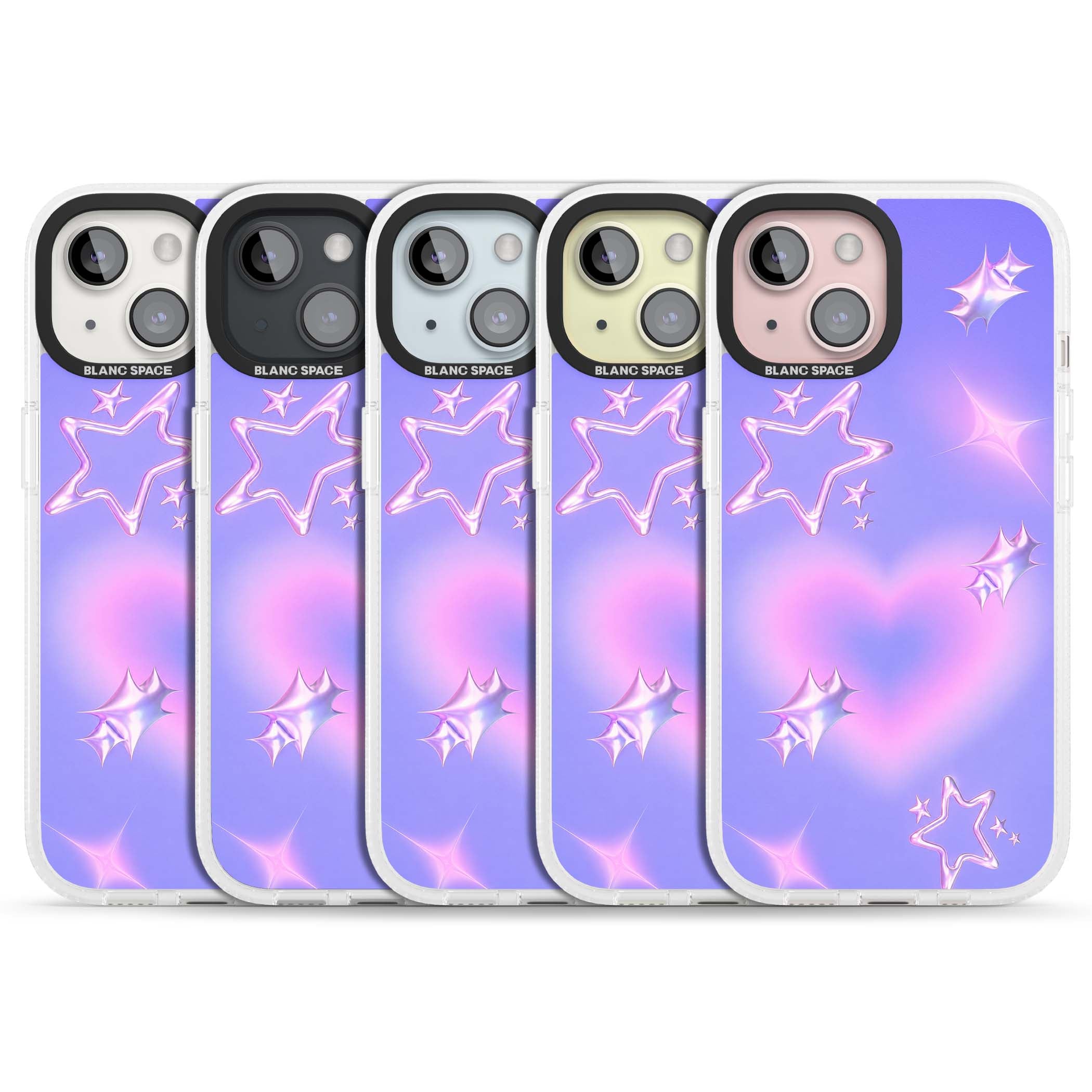 Soft Sugar Y2K iPhone case featuring iridescent chrome hearts, metallic pink stars and a lavender gradient sky | Clear Case Impact Air case for iPhone 15, iPhone 15 Plus