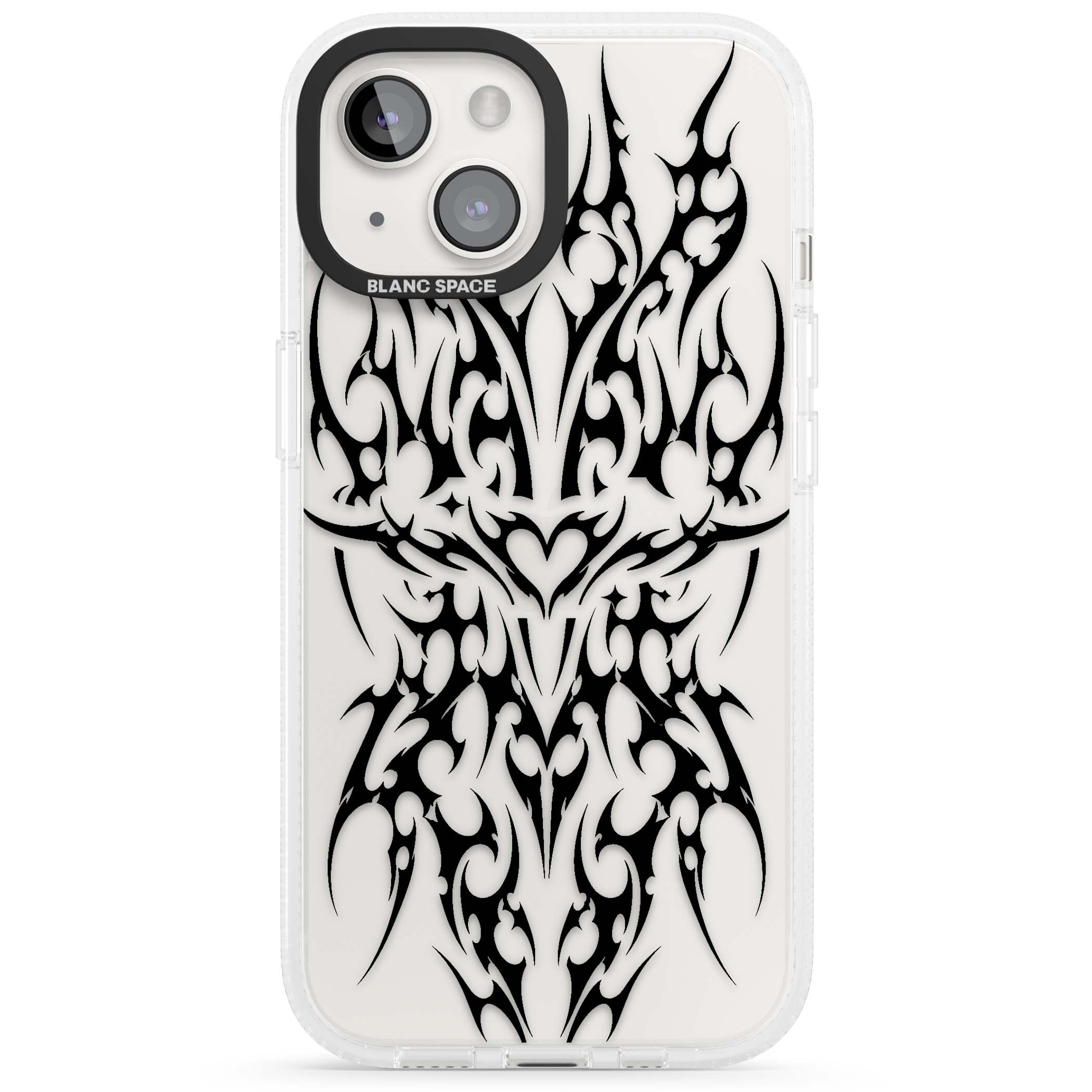 Neo Tribal Heart gothic iPhone case featuring symmetrical black tribal tattoo art with sharp thorn-like linework | Clear Case Impact Air case for iPhone 15, iPhone 15 Plus