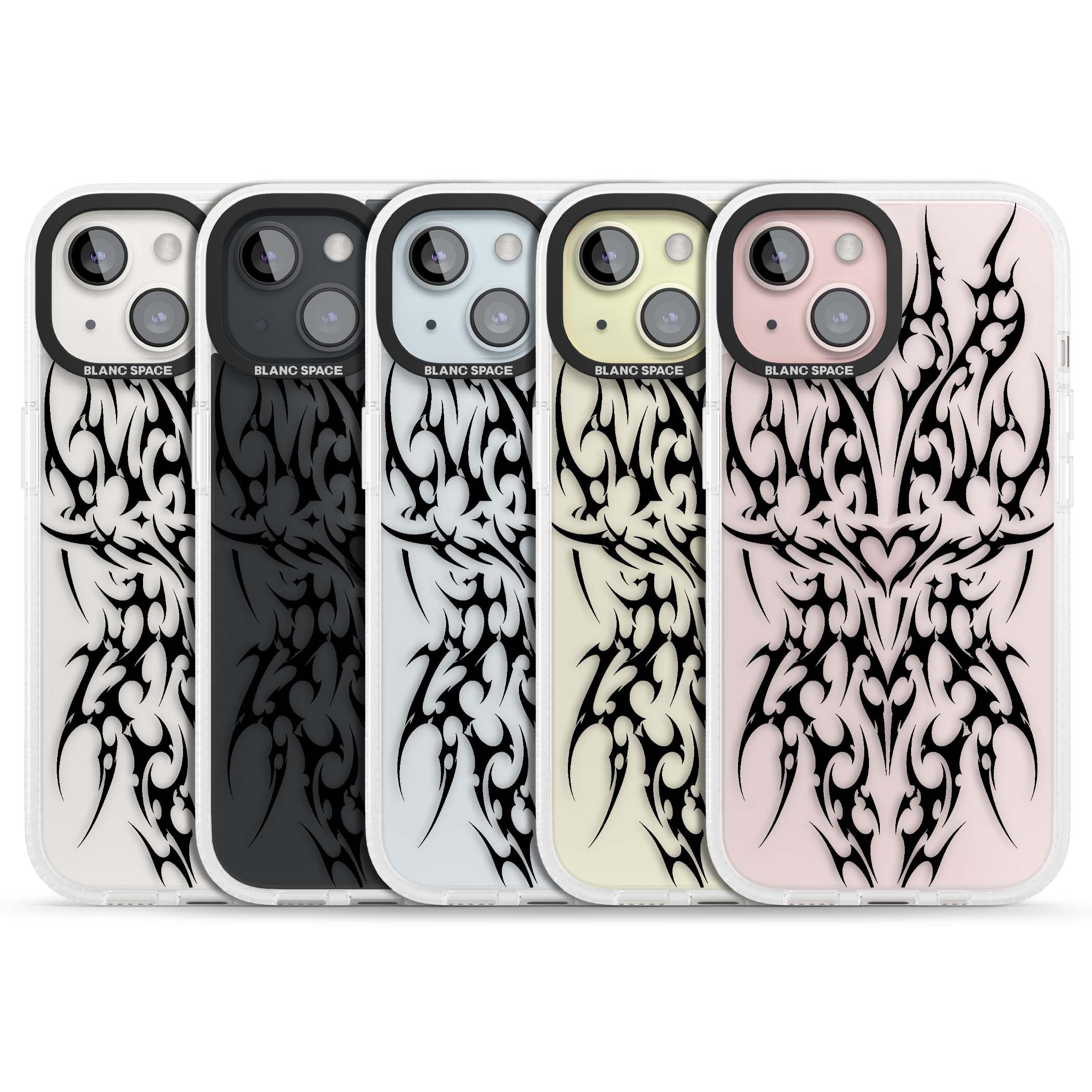 Neo Tribal Heart gothic iPhone case featuring symmetrical black tribal tattoo art with sharp thorn-like linework | Clear Case Impact Air case for iPhone 15, iPhone 15 Plus