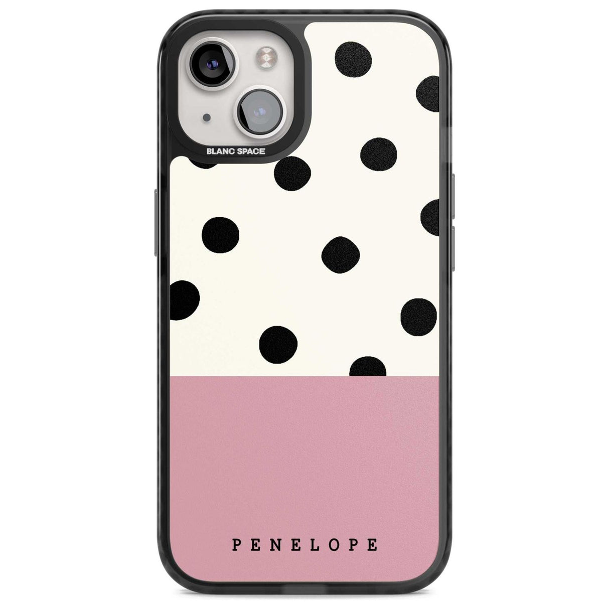 Personalised Pink Border Polka Dot Custom Phone Case iPhone 15 Plus / Magsafe Black Impact Case,iPhone 15 / Magsafe Black Impact Case,iPhone 14 Plus / Magsafe Black Impact Case,iPhone 14 / Magsafe Black Impact Case,iPhone 13 / Magsafe Black Impact Case Blanc Space