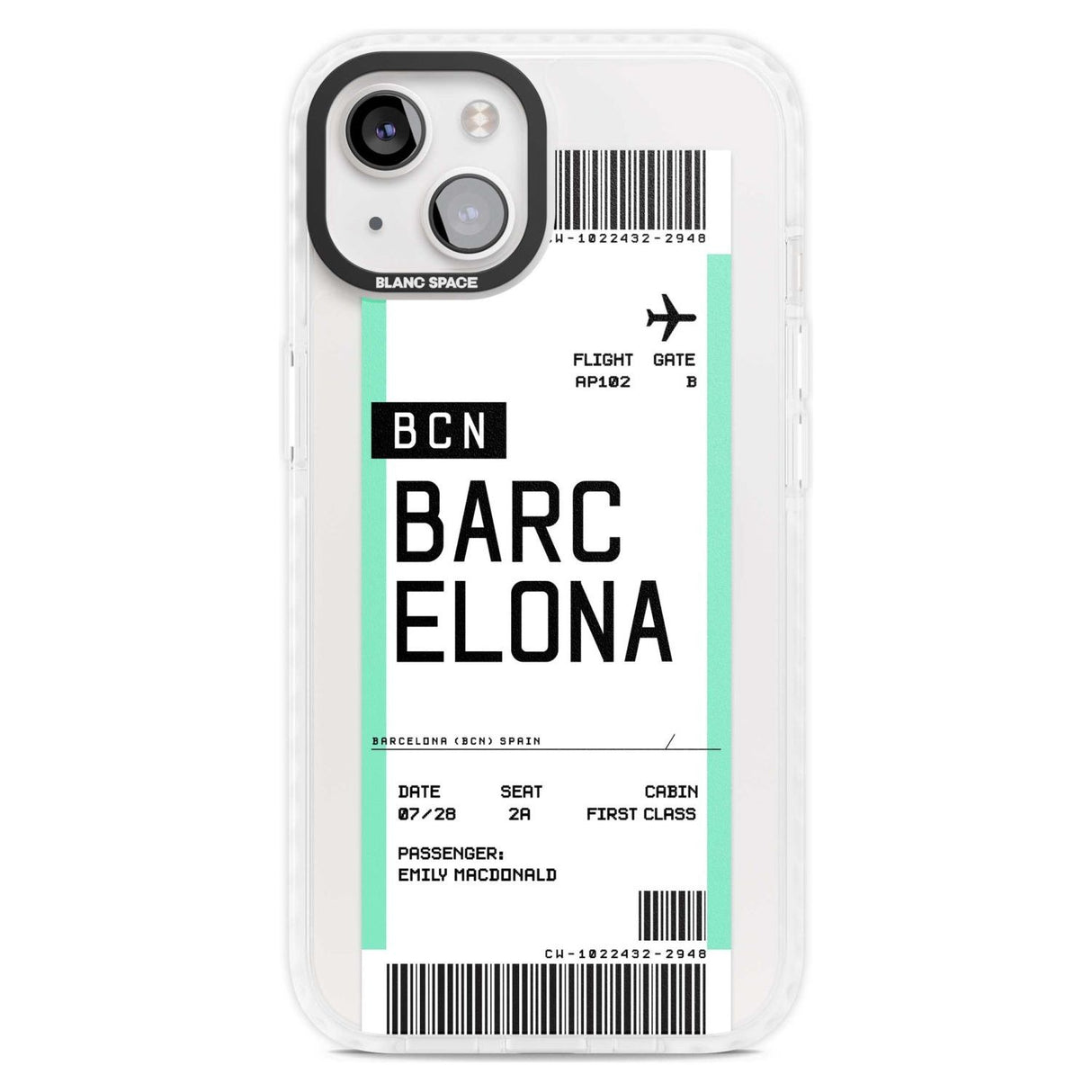 Personalised Barcelona Boarding Pass Custom Phone Case iPhone 15 Plus / Magsafe Impact Case,iPhone 15 / Magsafe Impact Case Blanc Space