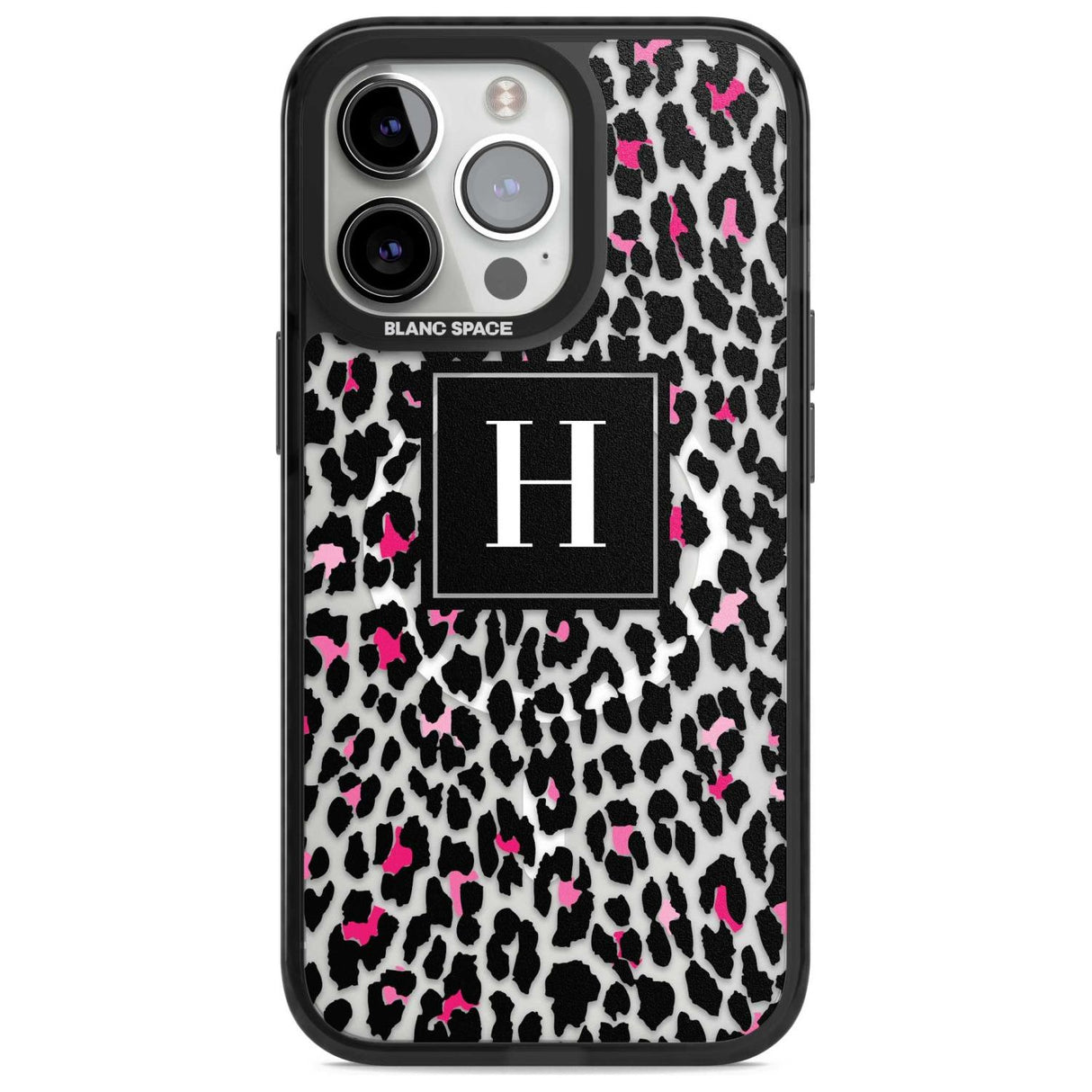 Personalised Pink Monogram Leopard Spots Custom Phone Case iPhone 15 Pro Max / Magsafe Black Impact Case,iPhone 15 Pro / Magsafe Black Impact Case,iPhone 14 Pro Max / Magsafe Black Impact Case,iPhone 14 Pro / Magsafe Black Impact Case,iPhone 13 Pro / Magsafe Black Impact Case Blanc Space