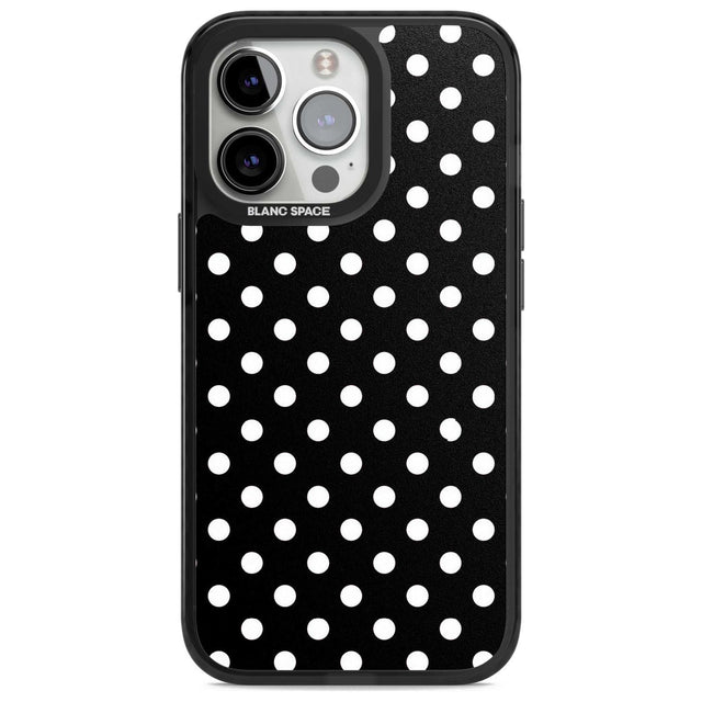 Designer Chic Black Polka Dot Phone Case iPhone 15 Pro / Magsafe Black Impact Case,iPhone 15 Pro Max / Magsafe Black Impact Case,iPhone 14 Pro Max / Magsafe Black Impact Case,iPhone 13 Pro / Magsafe Black Impact Case,iPhone 14 Pro / Magsafe Black Impact Case Blanc Space