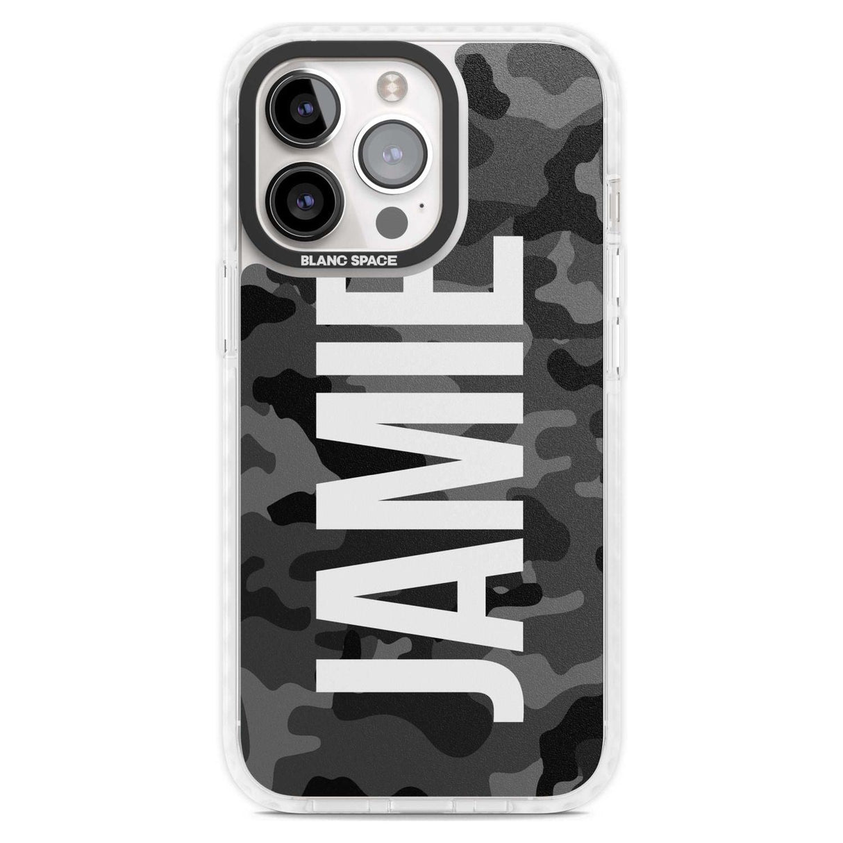 Personalised Vertical Name Black Camouflage Custom Phone Case iPhone 15 Pro Max / Magsafe Impact Case,iPhone 15 Pro / Magsafe Impact Case Blanc Space