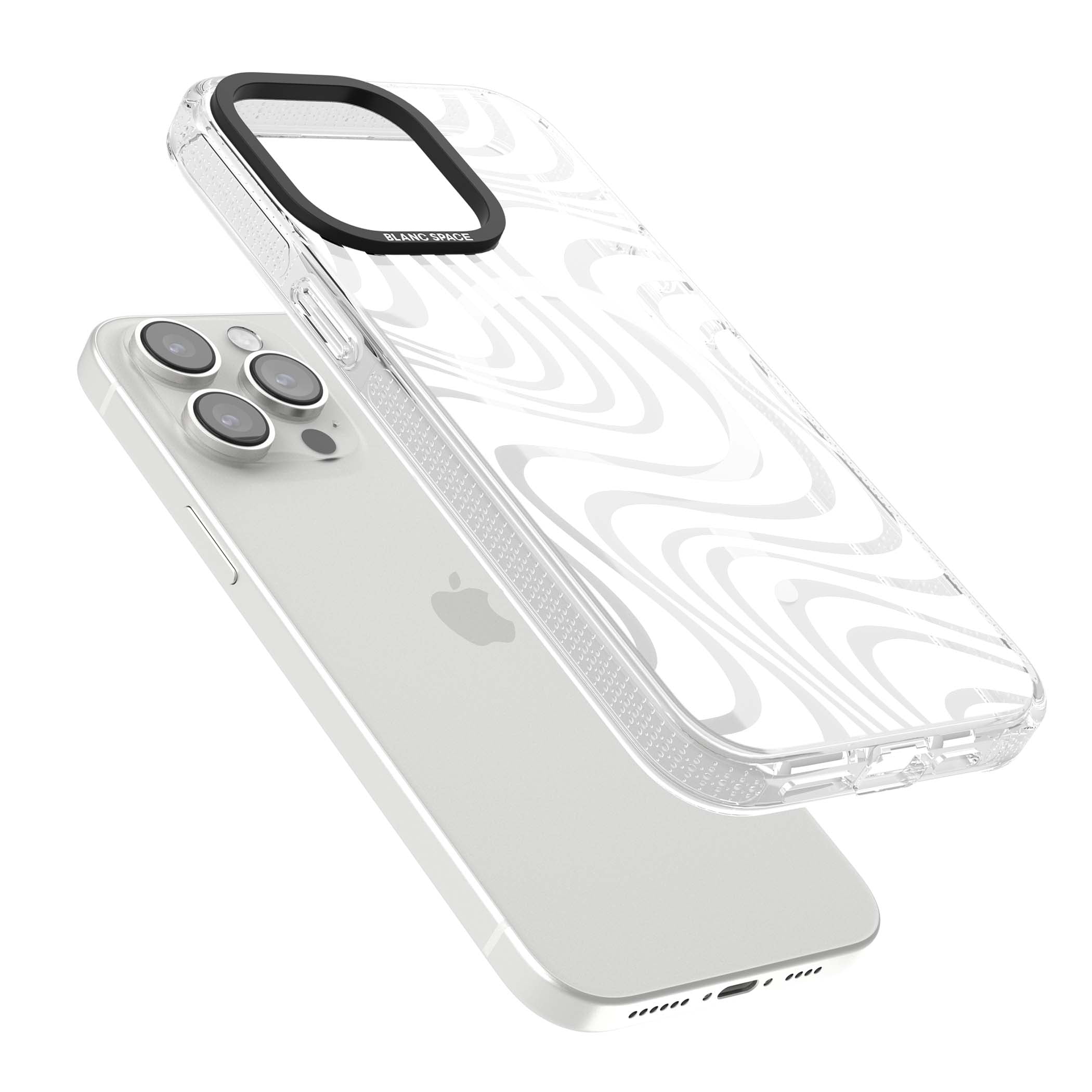 White Abstract Waves abstract iPhone case featuring flowing grey wave pattern on clear background | Clear Case Impact Air case for iPhone 15 Pro, iPhone 15 Pro Max