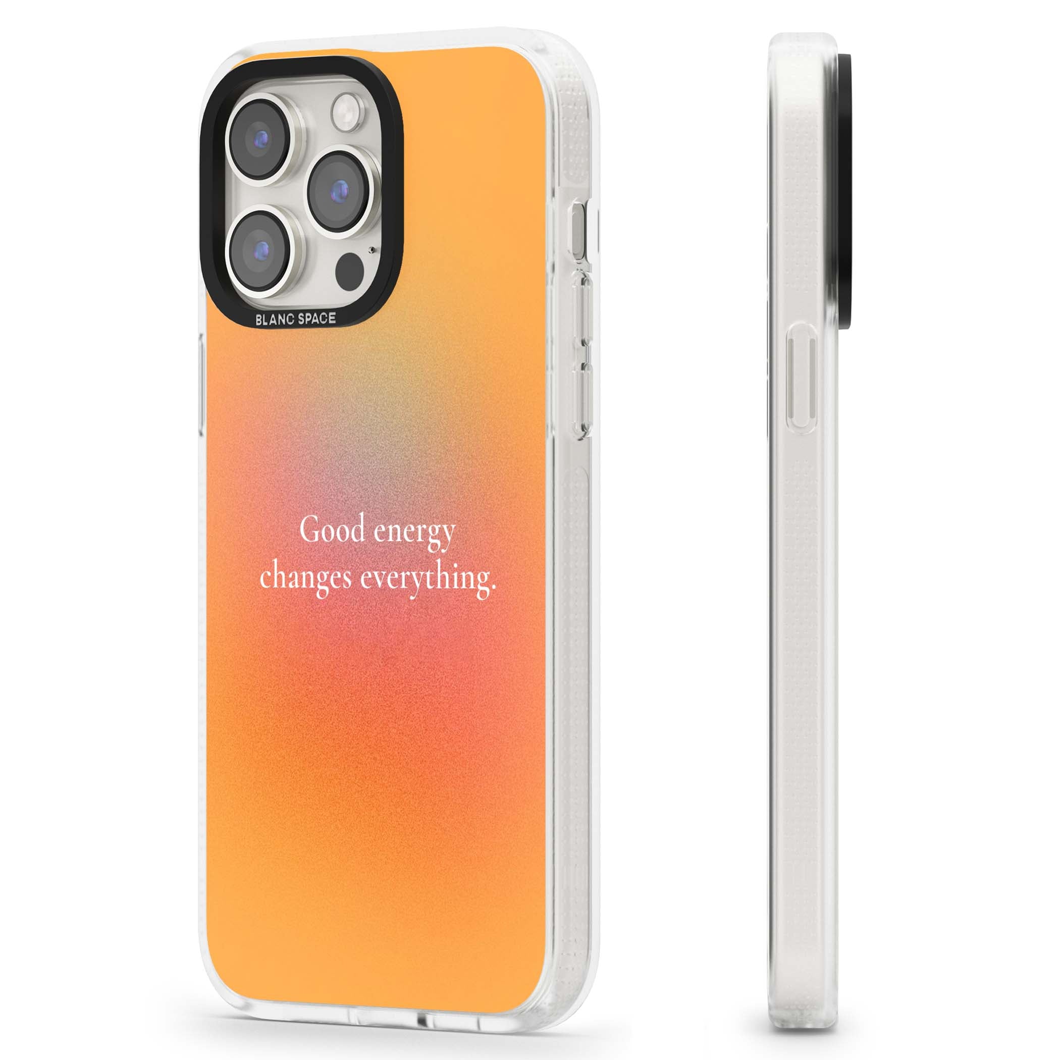 Good Energy quote iPhone case featuring an orange and pink aura gradient with white serif affirmation text | Clear Case Impact Air case for iPhone 15 Pro, iPhone 15 Pro Max