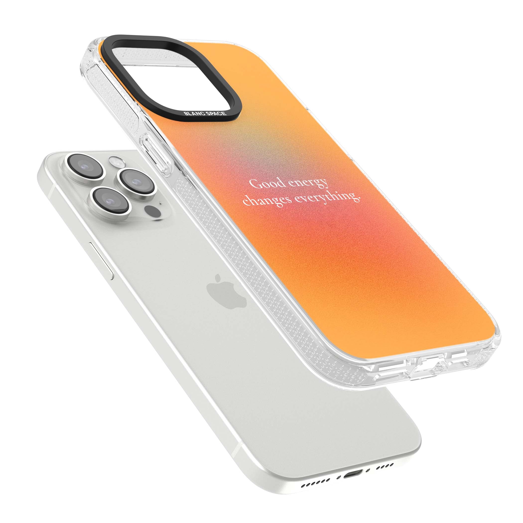 Good Energy quote iPhone case featuring an orange and pink aura gradient with white serif affirmation text | Clear Case Impact Air case for iPhone 15 Pro, iPhone 15 Pro Max