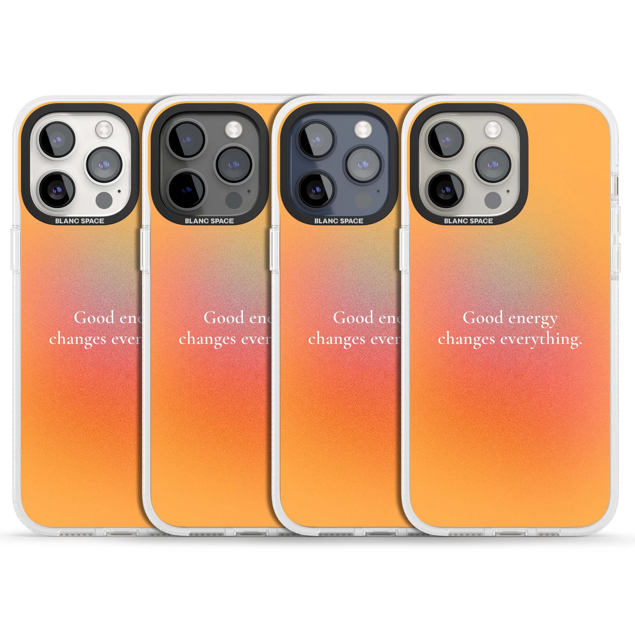 Good Energy quote iPhone case featuring an orange and pink aura gradient with white serif affirmation text | Clear Case Impact Air case for iPhone 15 Pro, iPhone 15 Pro Max