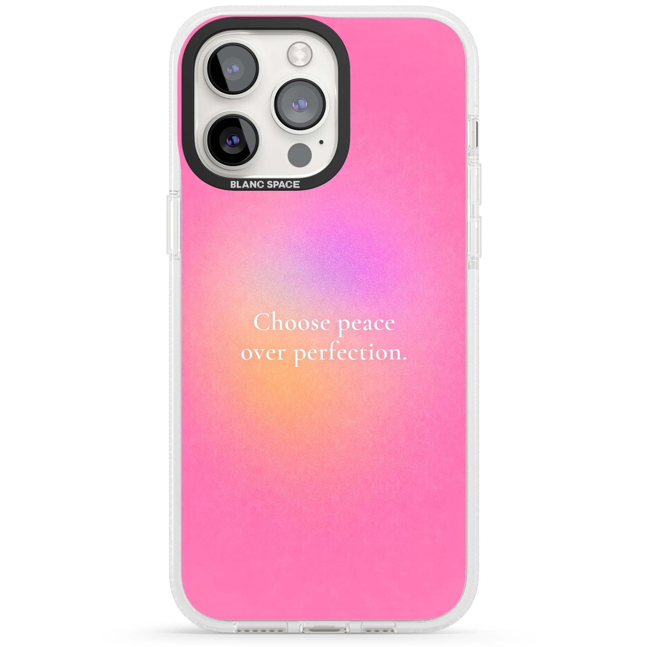 Peace Over Perfection quote iPhone case featuring a dreamy pink aura gradient and delicate white affirmation text | Clear Case Impact Air case for iPhone 15 Pro, iPhone 15 Pro Max