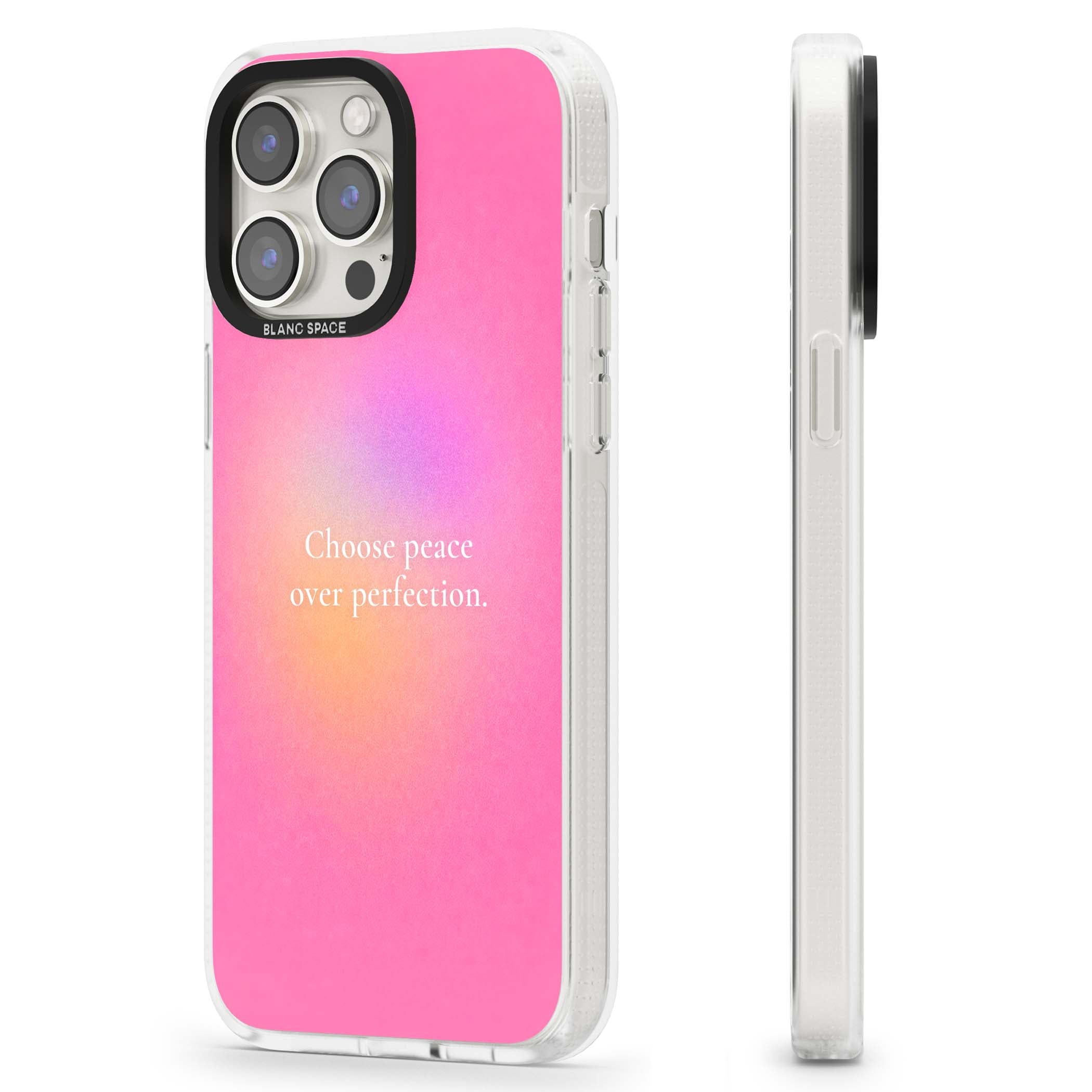 Peace Over Perfection quote iPhone case featuring a dreamy pink aura gradient and delicate white affirmation text | Clear Case Impact Air case for iPhone 15 Pro, iPhone 15 Pro Max
